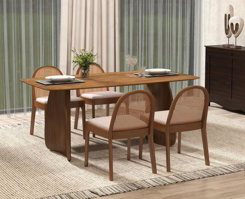 70 Inch Large Dining Table for 6-8 People, Solid Wood Kitchen Table with Curved Wooden Legs, Mid Century Modern Rectangular Long Dinner Table for Dining Room, Walnut