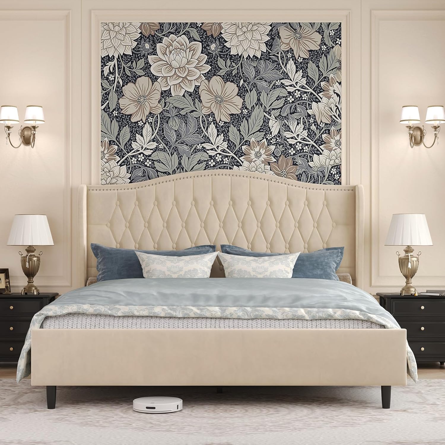 Belffin King Bed Frame and Headboard, Luxury Upholstered Velvet Platform Bed with Wingback, Button Tufted & Nailhead Trim, Anti-Slide Tall Footboard, No Box Spring Needed, Noise-Free, Black