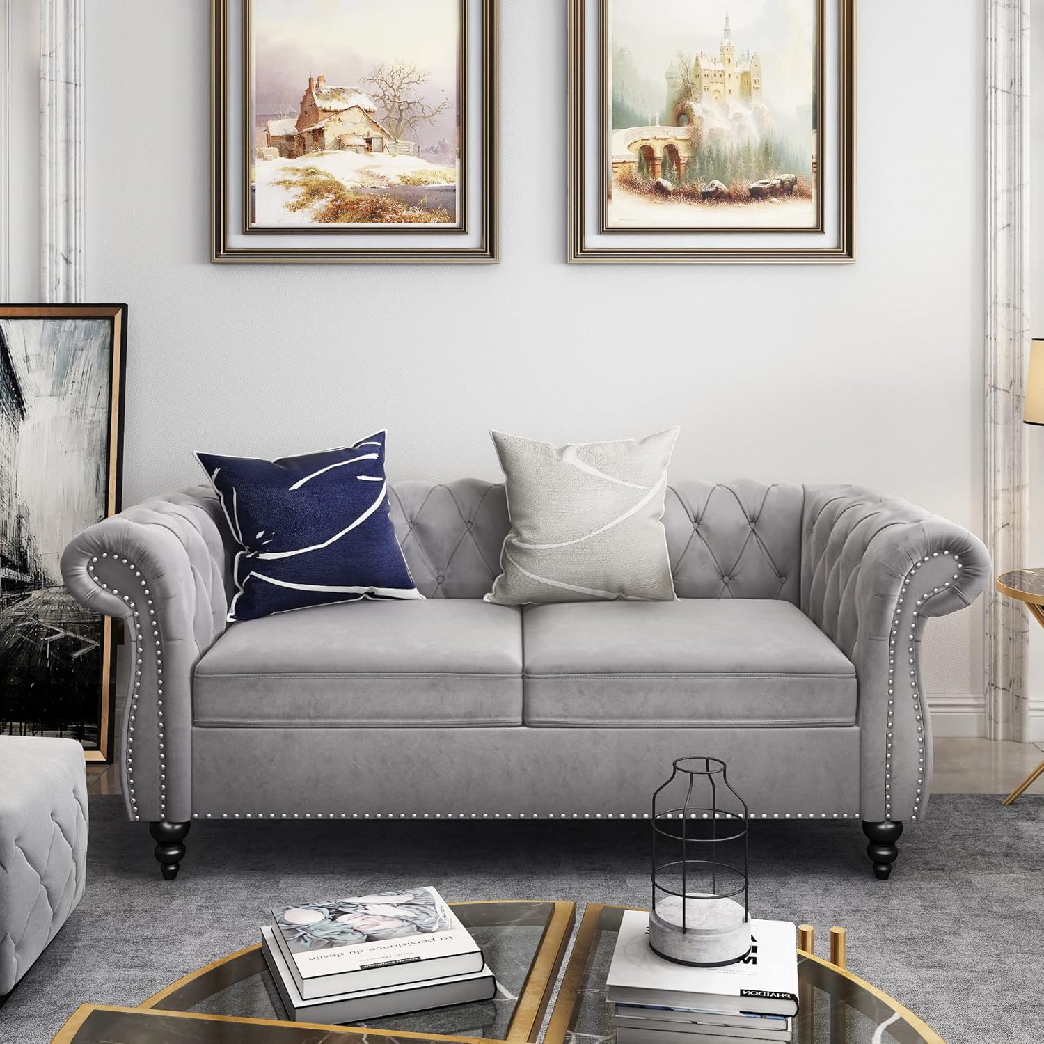 Chesterfield Sofa Velvet, Modern Tufted Couch 3 Seater with Rolled Arms and Nailhead for Living Room, Bedroom, Office, Apartment (Mango)