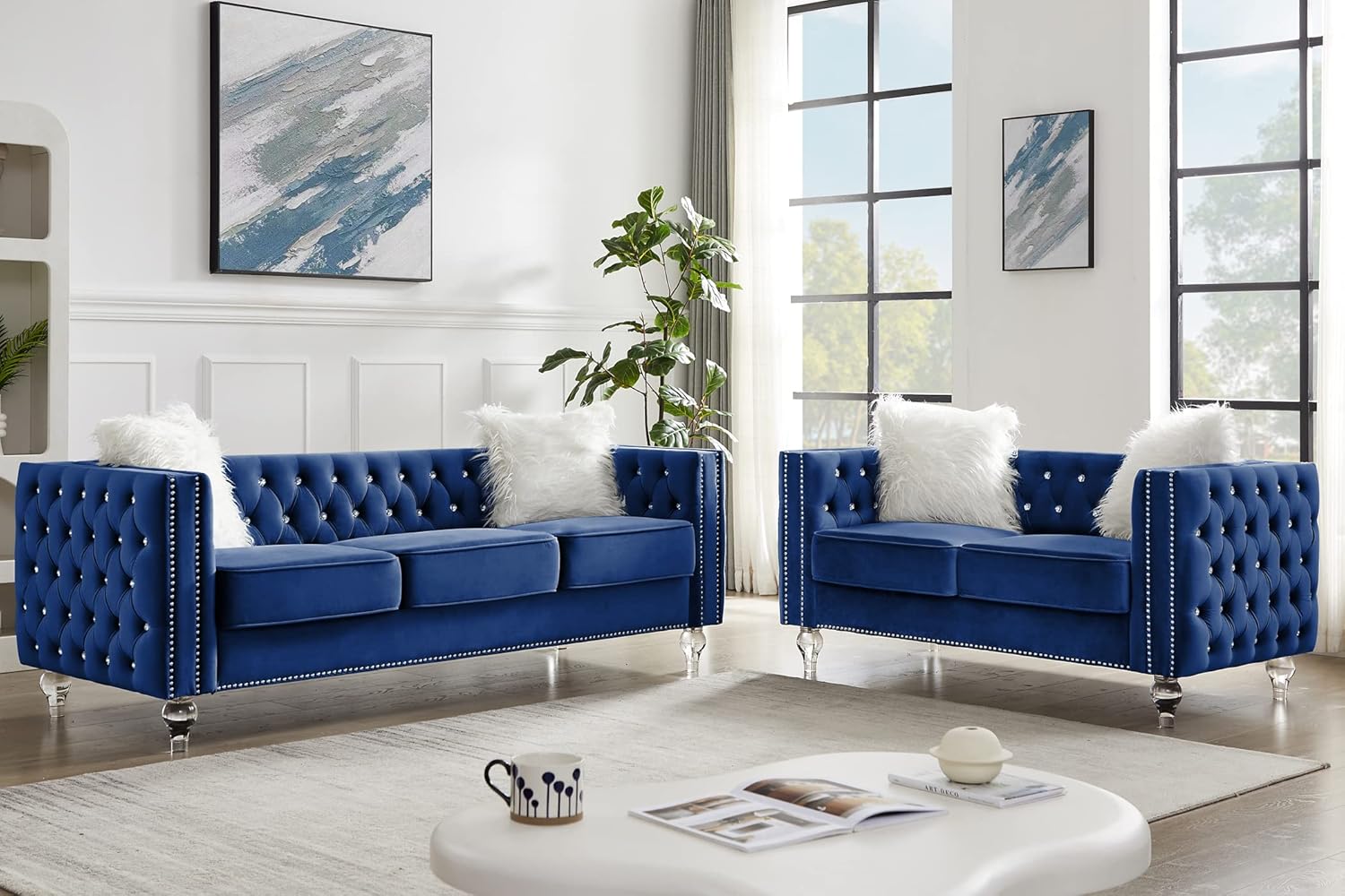 mikibama Velvet 3 Seater Sofa Couch with Buttons and Square Arms 83.07 Inch Tufted 3-seat Sofas with Trimmed Nailhead and Acrylic Legs Modern Couches for Living Room (Navy Blue-Crystal Legs, Sofa)