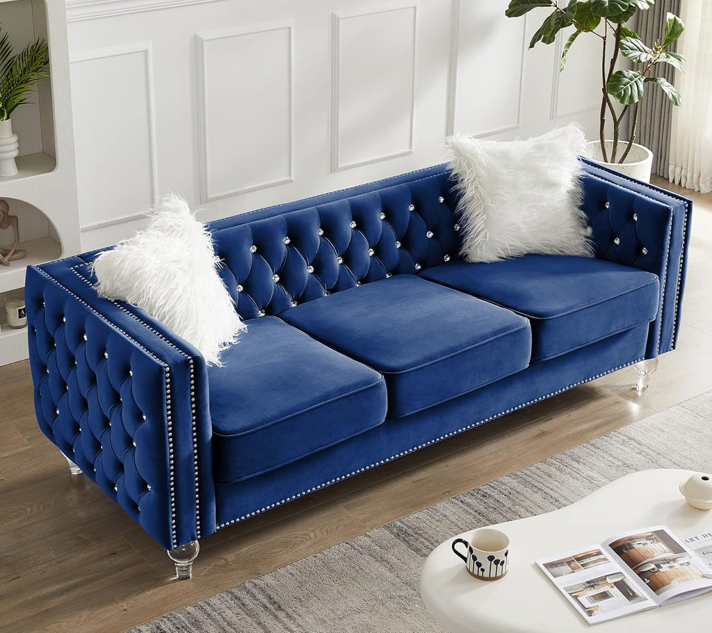 mikibama Velvet 3 Seater Sofa Couch with Buttons and Square Arms 83.07 Inch Tufted 3-seat Sofas with Trimmed Nailhead and Acrylic Legs Modern Couches for Living Room (Navy Blue-Crystal Legs, Sofa)