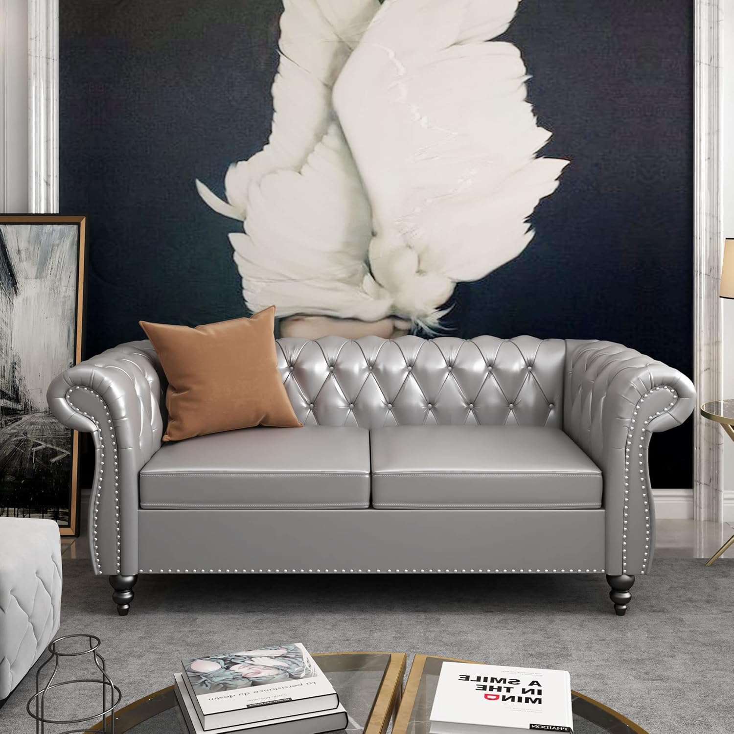 Chesterfield Sofa Velvet, Modern Tufted Couch 3 Seater with Rolled Arms and Nailhead for Living Room, Bedroom, Office, Apartment (Mango)