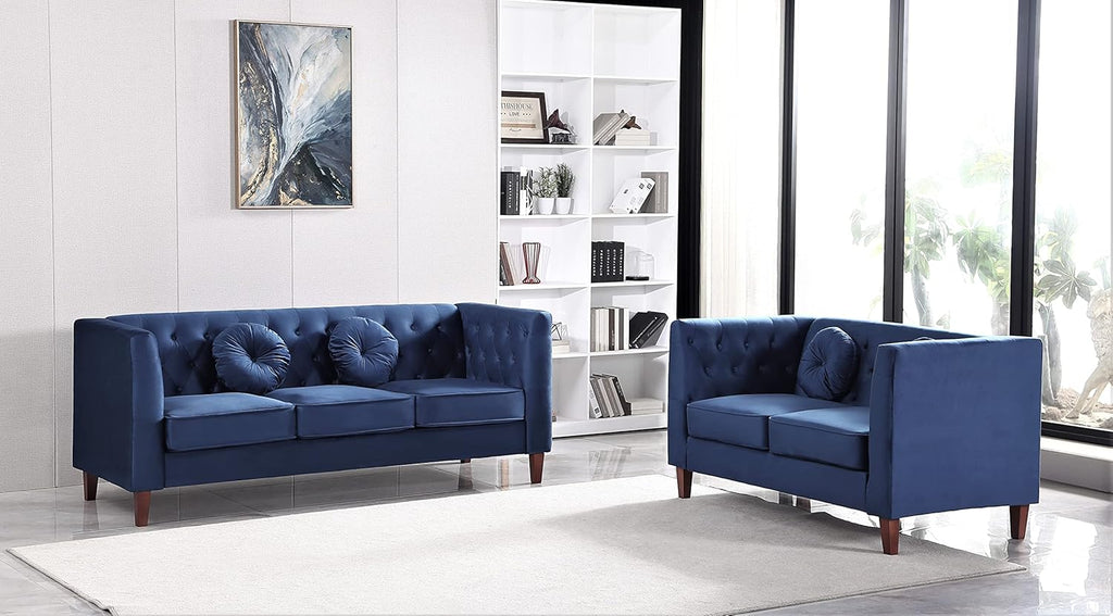 Kittleson Classic Chesterfield Velvet Loveseat Sofa with Elegant Button Tufted Backrest, Square Legs, High-Density Foam & Accent Pillows, 2 Seater Couch for Living Room, Love Seat, Dark Blue