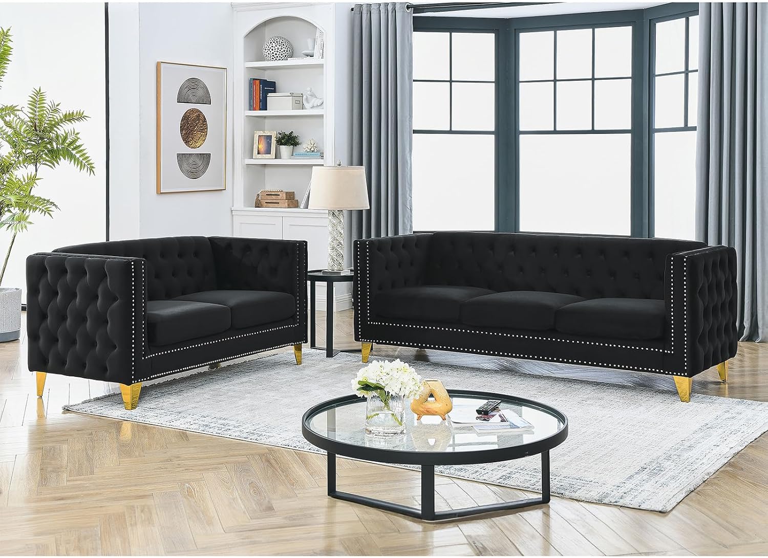 Antetek Comfy Upholstered Couches for Living Room, 80-inch Modern Button Tufted 3-Seater Sofa w/Square Arm, 4 Golden Metal Legs and Gold Nail Heads for Living Room, Office, Apartment, Beige