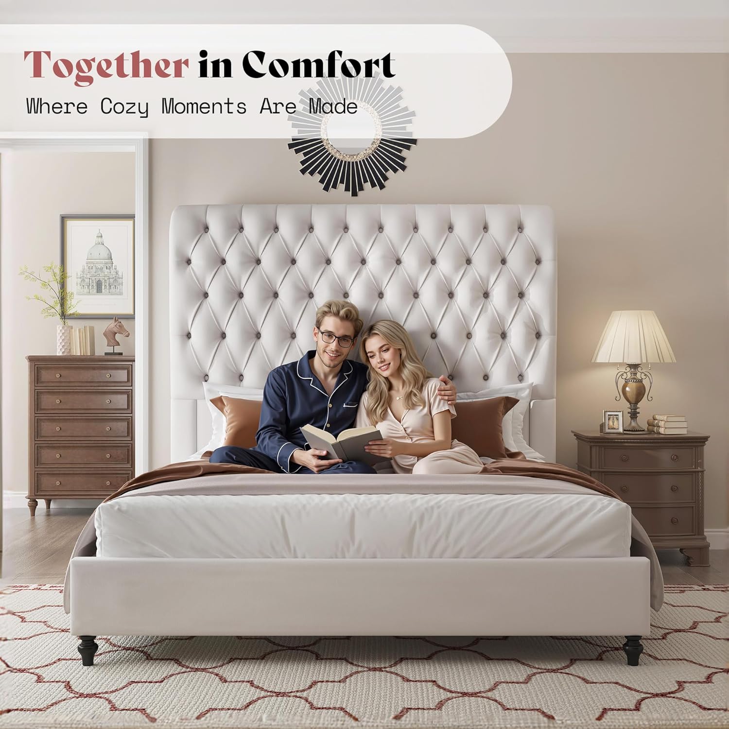 AMERLIFE Queen Size Bed Frame with 59" Tall Wingback Headboard, Velvet Upholstered Platform, Button Tufted Sleigh Design, No Box Spring Needed,Cream