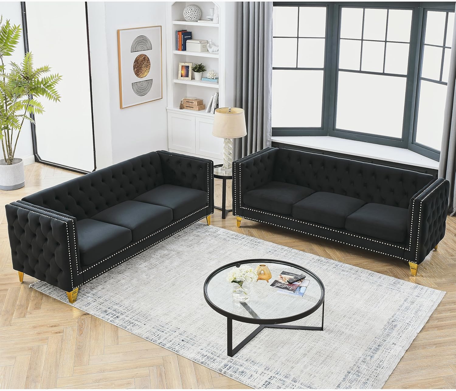 mikibama Velvet 3 Seater Sofa Couch with Buttons and Square Arms 83.07 Inch Tufted 3-seat Sofas with Trimmed Nailhead and Acrylic Legs Modern Couches for Living Room (Navy Blue-Crystal Legs, Sofa)
