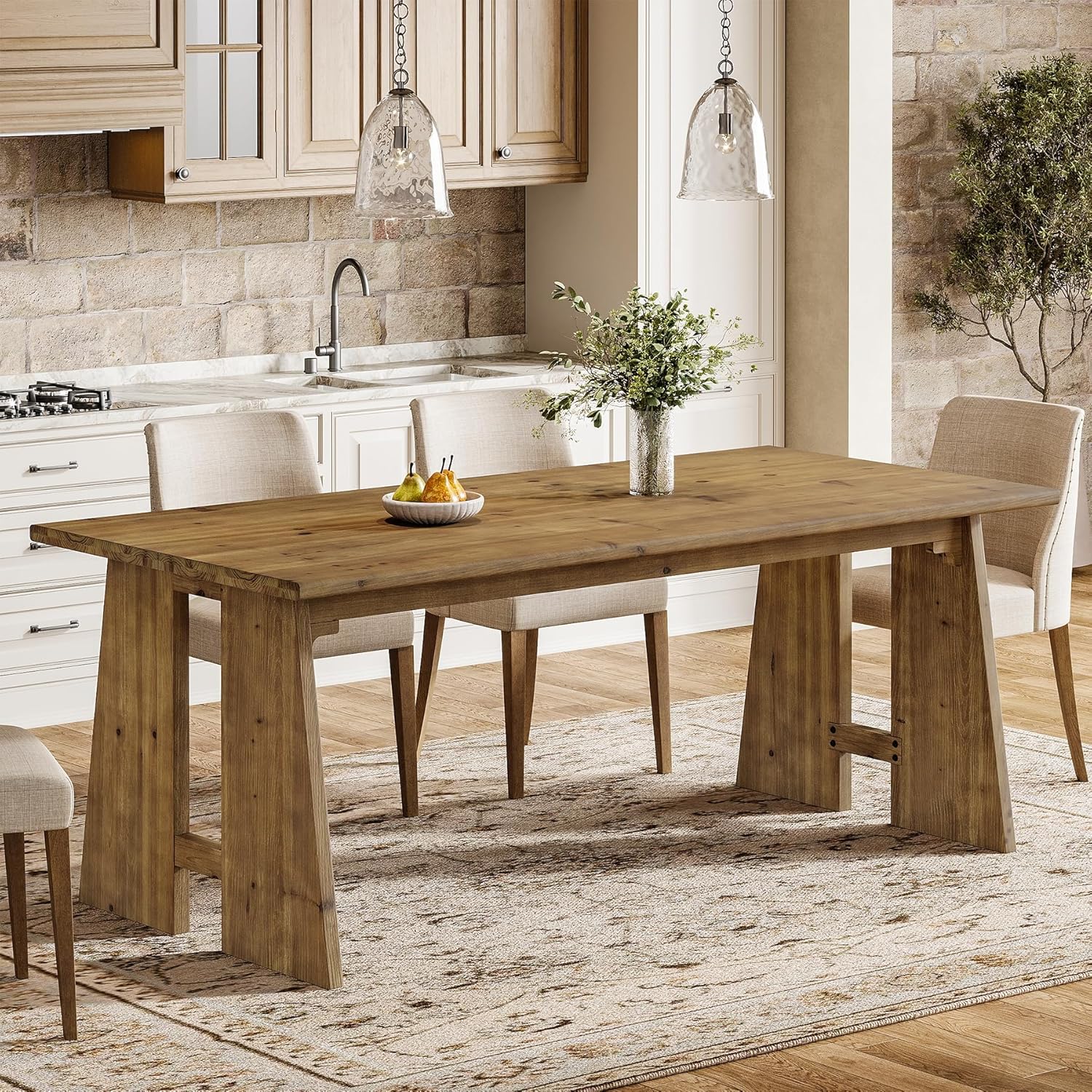 70.87" Dining Table with Unique Wood Base, Solid Wood Kitchen Table for 6-8, Modern Rectangle Kitchen and Dining Room Furniture, Brown