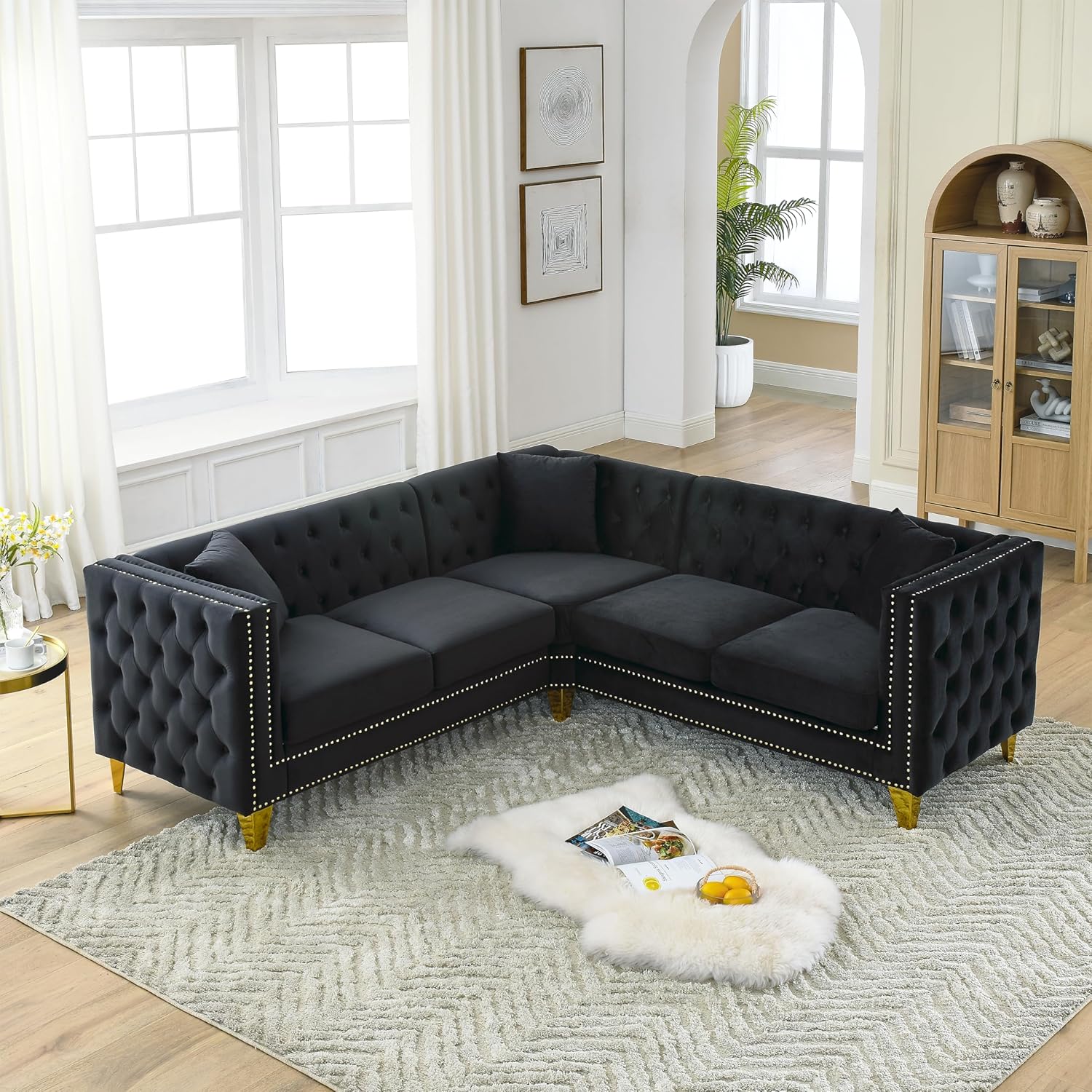 mikibama Velvet 3 Seater Sofa Couch with Buttons and Square Arms 83.07 Inch Tufted 3-seat Sofas with Trimmed Nailhead and Acrylic Legs Modern Couches for Living Room (Navy Blue-Crystal Legs, Sofa)