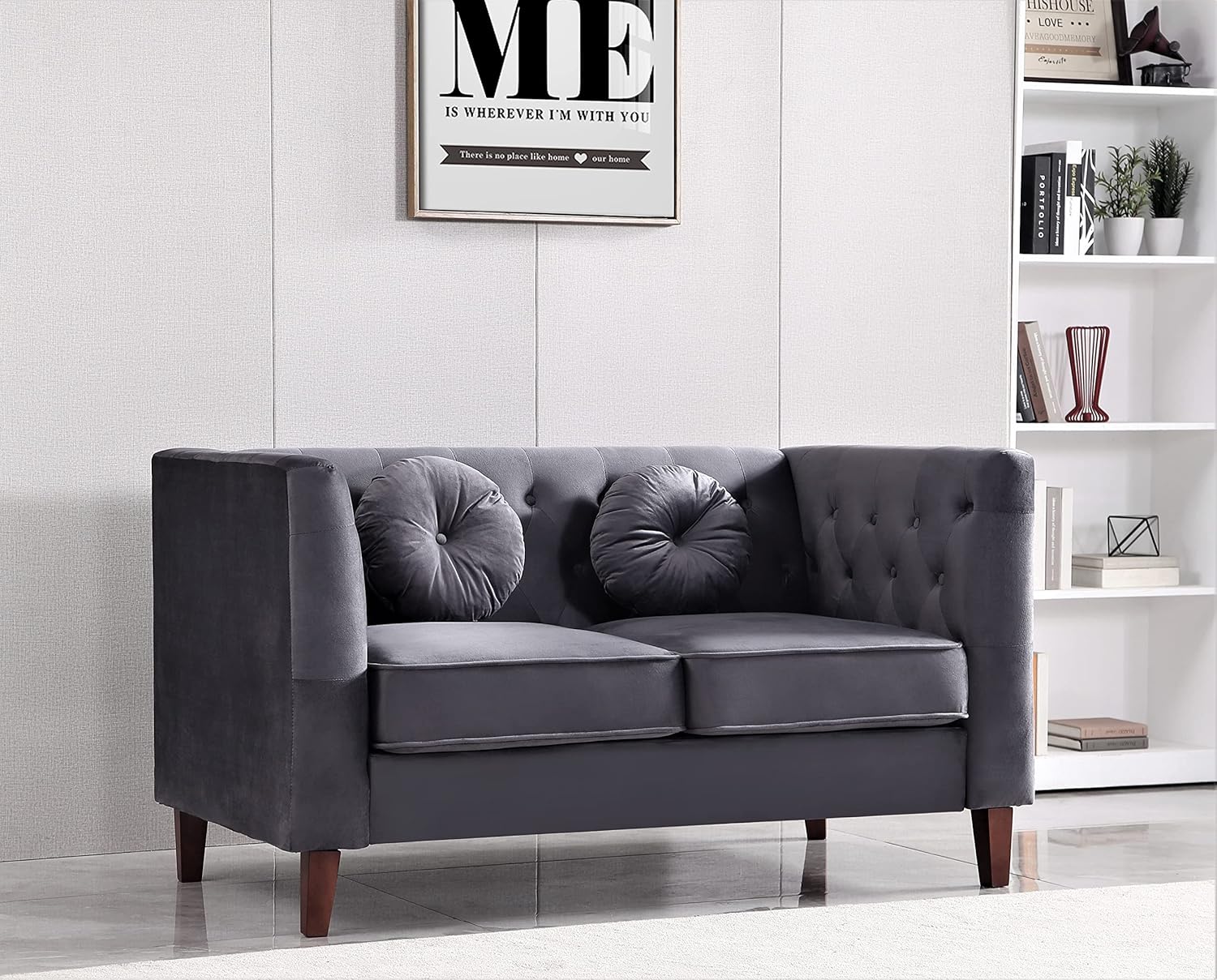 Kittleson Classic Chesterfield Velvet Loveseat Sofa with Elegant Button Tufted Backrest, Square Legs, High-Density Foam & Accent Pillows, 2 Seater Couch for Living Room, Love Seat, Dark Blue