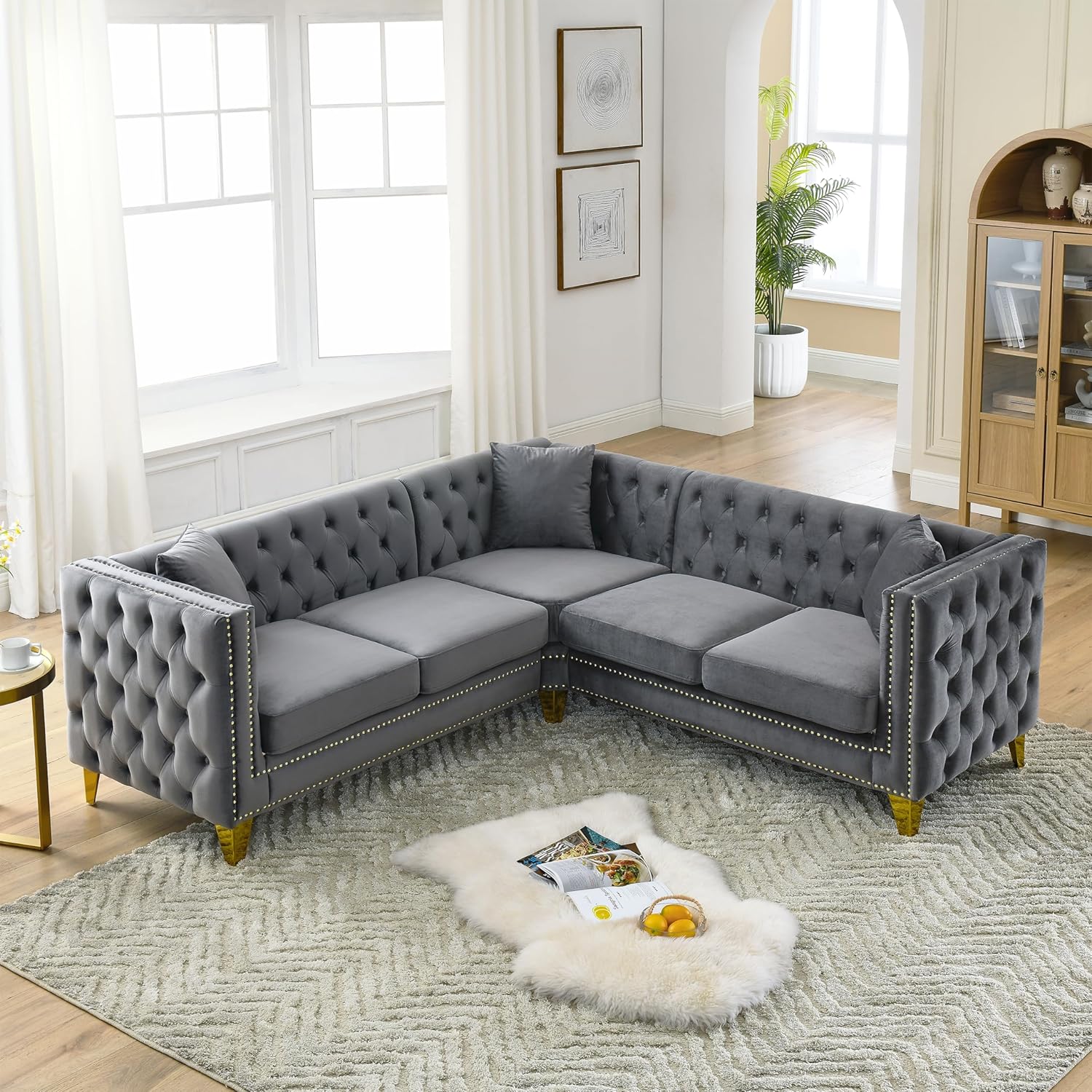 mikibama Velvet 3 Seater Sofa Couch with Buttons and Square Arms 83.07 Inch Tufted 3-seat Sofas with Trimmed Nailhead and Acrylic Legs Modern Couches for Living Room (Navy Blue-Crystal Legs, Sofa)