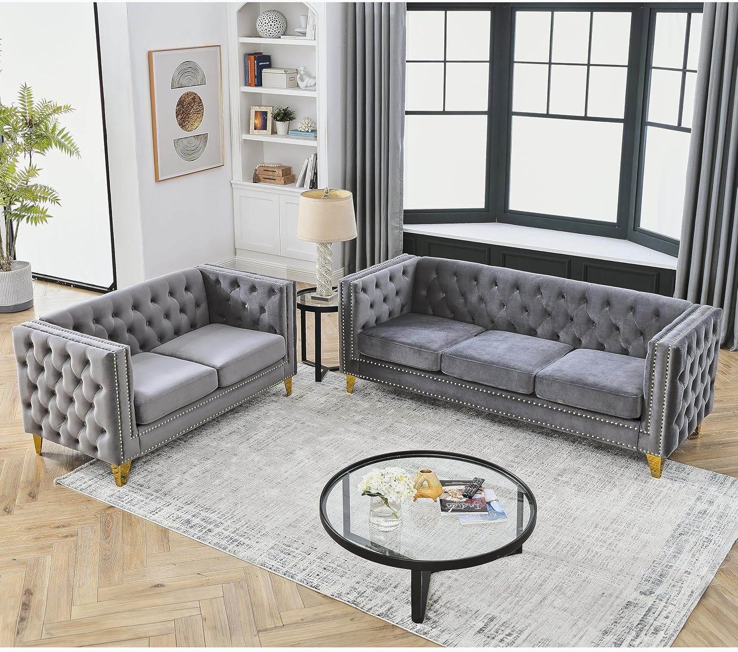 mikibama Velvet 3 Seater Sofa Couch with Buttons and Square Arms 83.07 Inch Tufted 3-seat Sofas with Trimmed Nailhead and Acrylic Legs Modern Couches for Living Room (Navy Blue-Crystal Legs, Sofa)