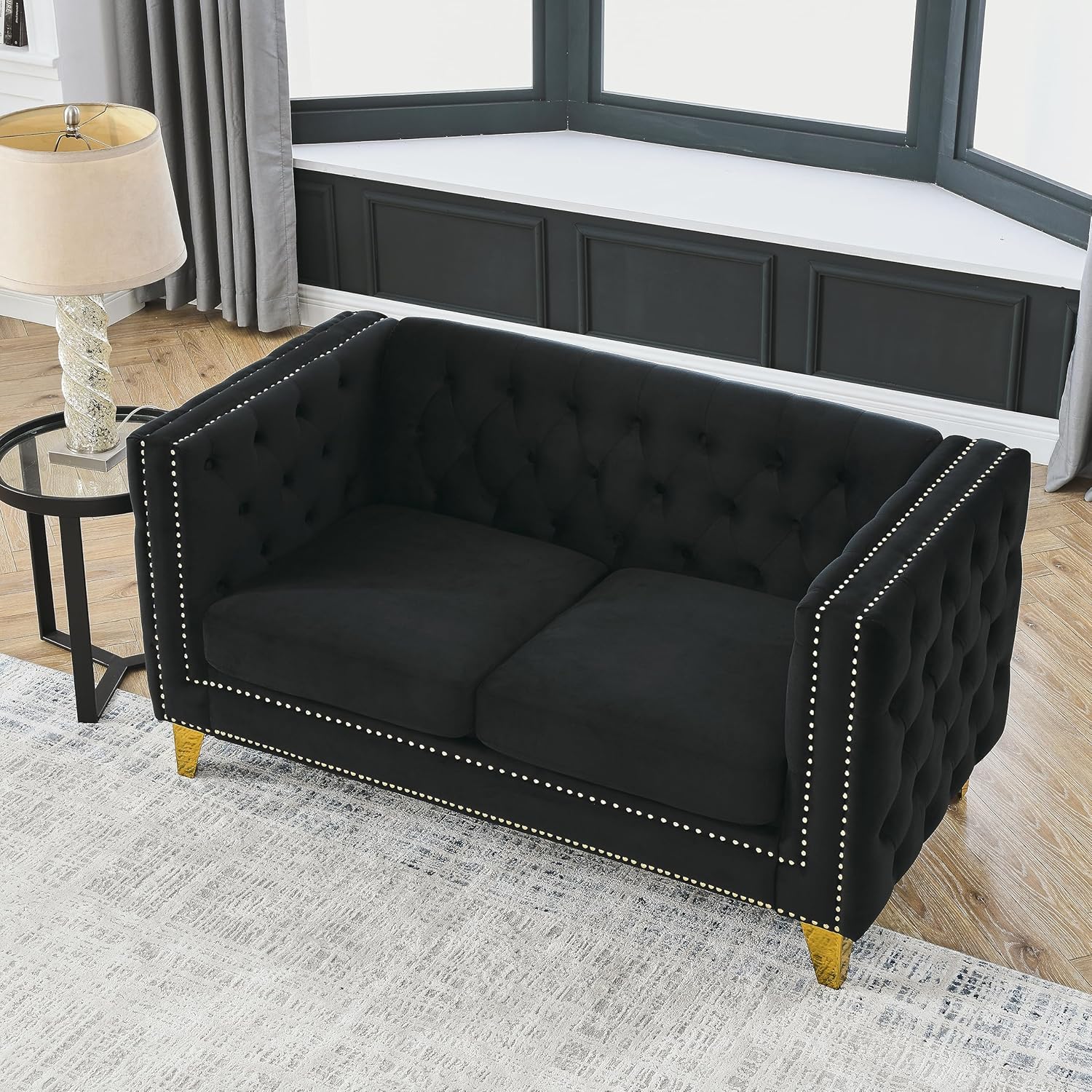 mikibama Velvet 3 Seater Sofa Couch with Buttons and Square Arms 83.07 Inch Tufted 3-seat Sofas with Trimmed Nailhead and Acrylic Legs Modern Couches for Living Room (Navy Blue-Crystal Legs, Sofa)