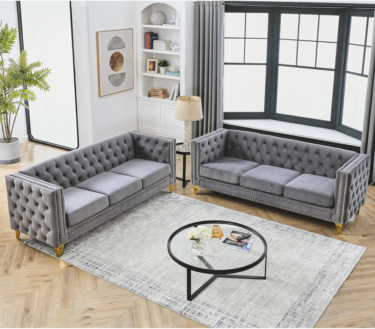 mikibama Velvet 3 Seater Sofa Couch with Buttons and Square Arms 83.07 Inch Tufted 3-seat Sofas with Trimmed Nailhead and Acrylic Legs Modern Couches for Living Room (Navy Blue-Crystal Legs, Sofa)