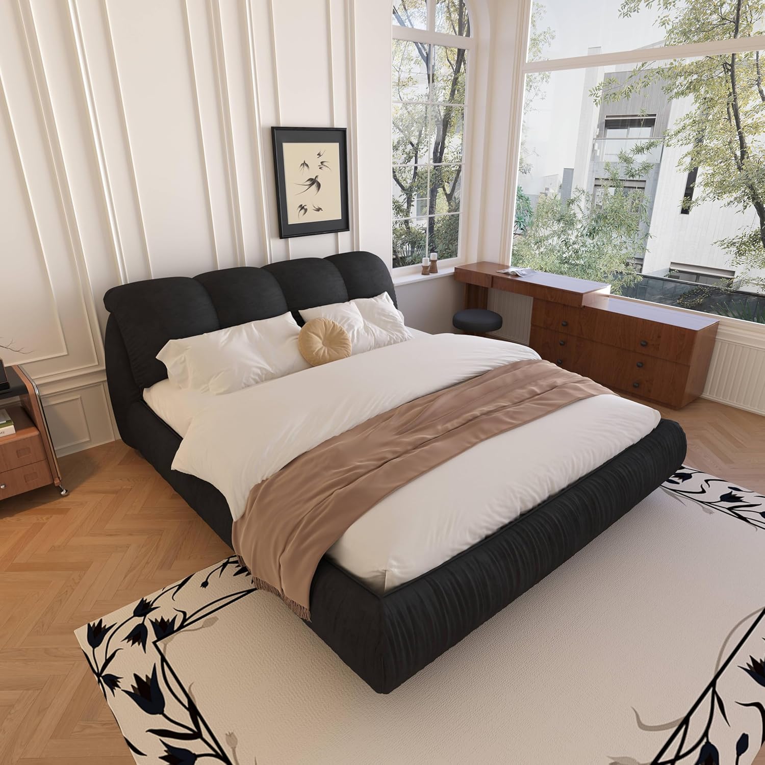 DEINPPA Contemporary Upholstered Bed with Oversized Soft Headboard, King Size Platform Bed |Thickening Pine Wood Slats|No Box Spring Needed|1000 Lbs Weight Capacity-for Adult Master Bedroom-Black