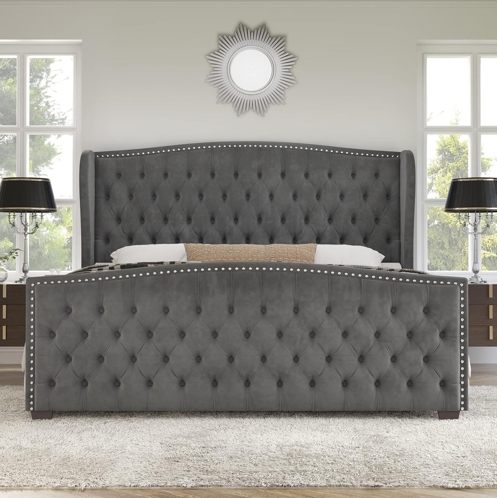 AMERLIFE Queen Size Platform Bed Frame, Velvet Upholstered Bed with Deep Button Tufted & Nailhead Trim Wingback Headboard/No Box Spring Needed/Grey