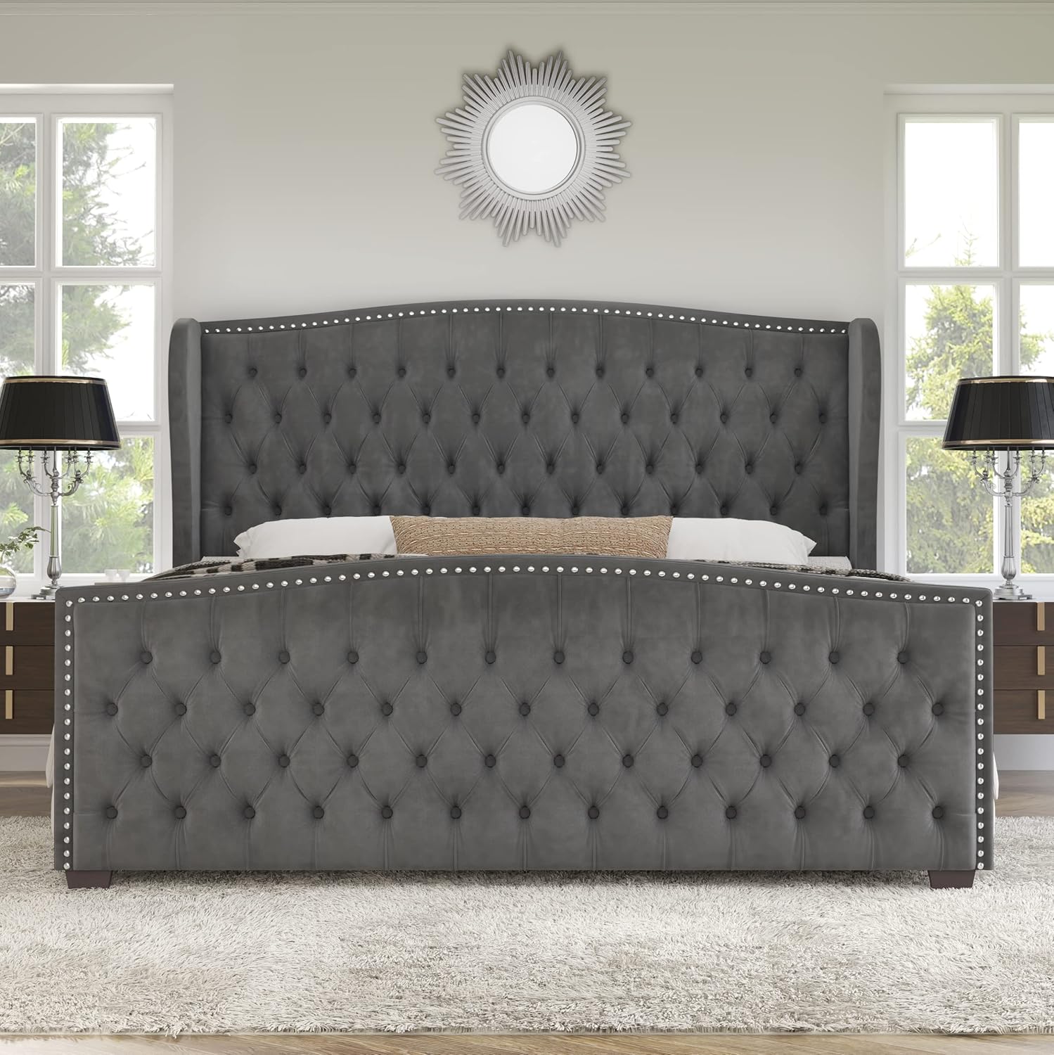 AMERLIFE Queen Size Platform Bed Frame, Velvet Upholstered Bed with Deep Button Tufted & Nailhead Trim Wingback Headboard/No Box Spring Needed/Grey