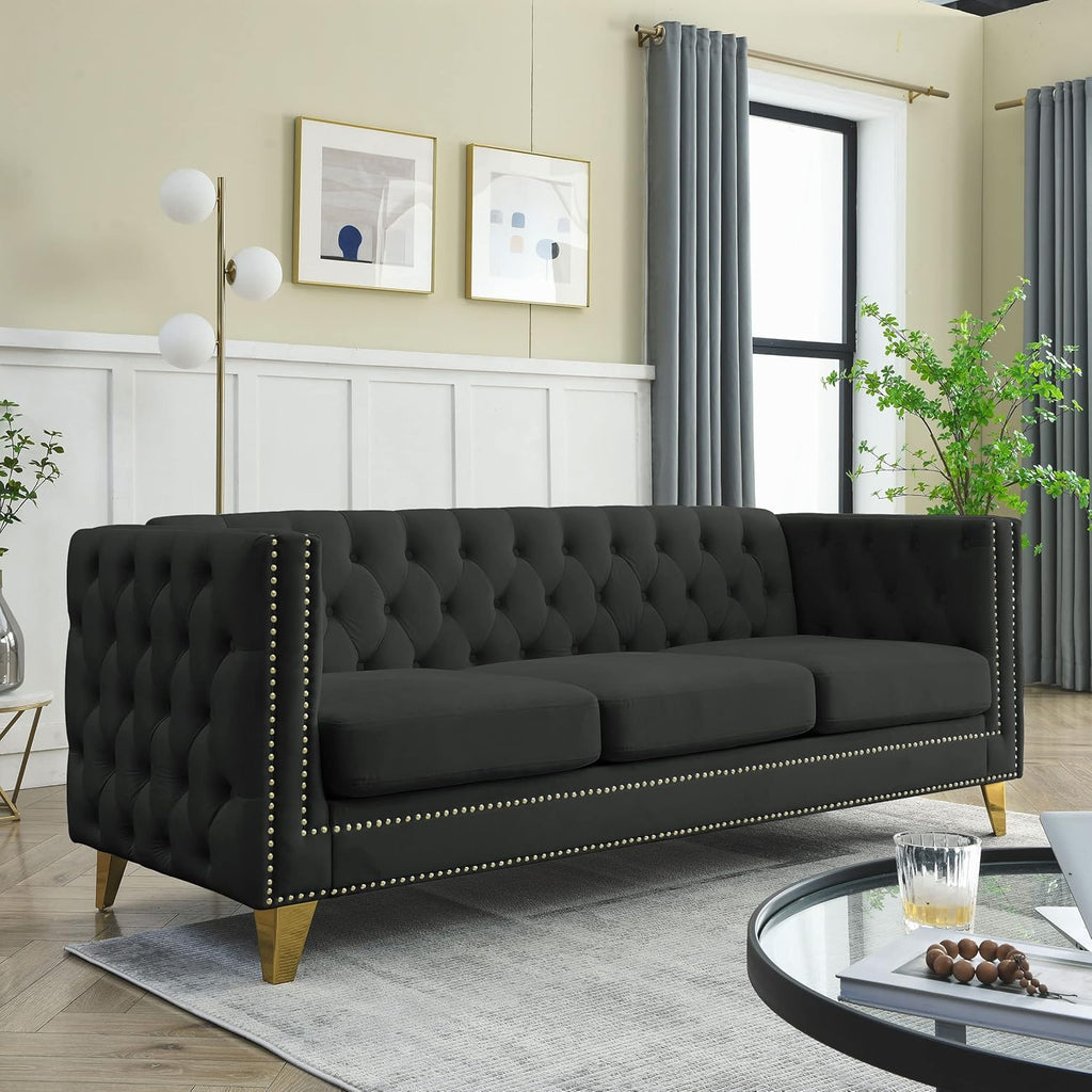 KEIKI Tufted Velvet 3 Seat Sofa Couch for Living Room, Buttons Tufted Square Arm Couch for Home Apartment, Black
