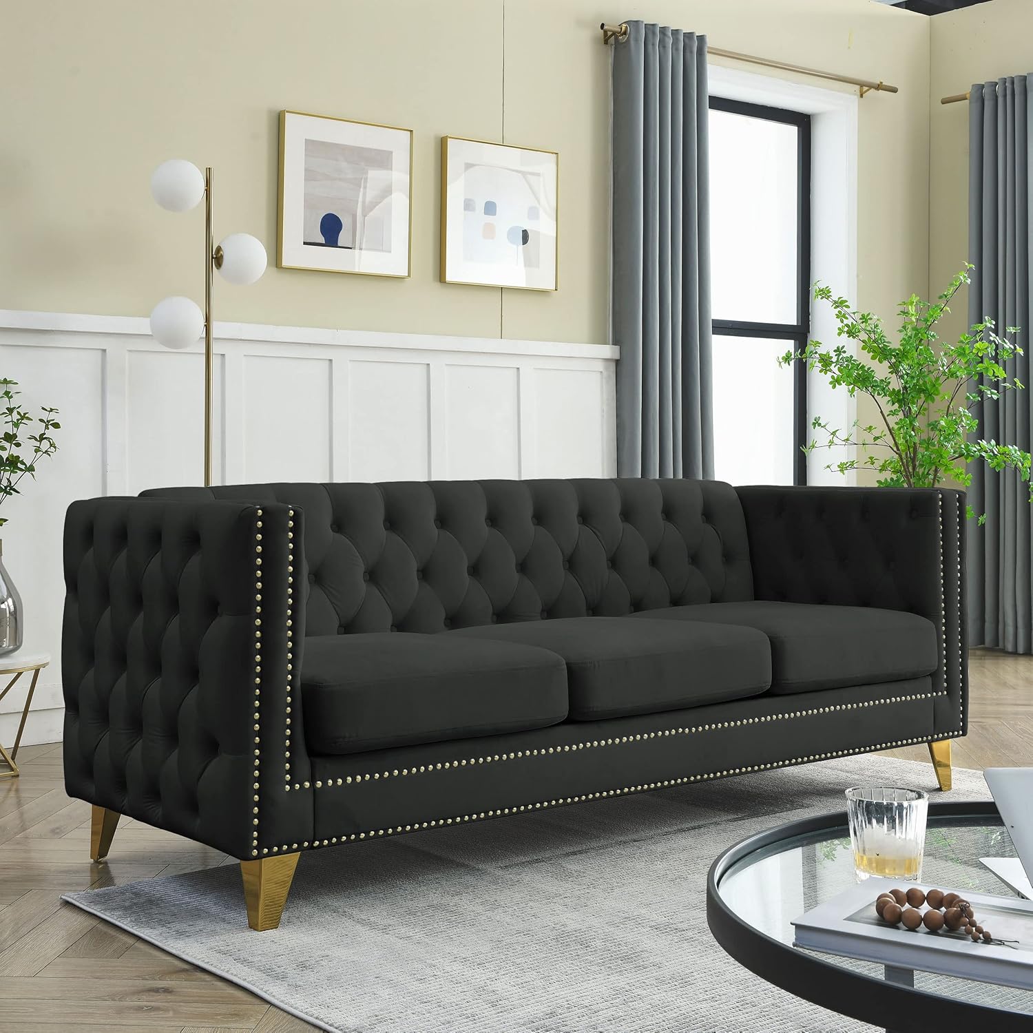 KEIKI Tufted Velvet 3 Seat Sofa Couch for Living Room, Buttons Tufted Square Arm Couch for Home Apartment, Black