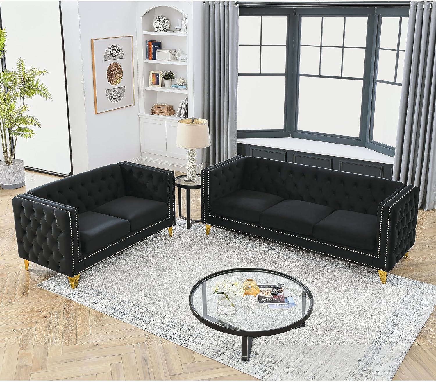 mikibama Velvet 3 Seater Sofa Couch with Buttons and Square Arms 83.07 Inch Tufted 3-seat Sofas with Trimmed Nailhead and Acrylic Legs Modern Couches for Living Room (Navy Blue-Crystal Legs, Sofa)