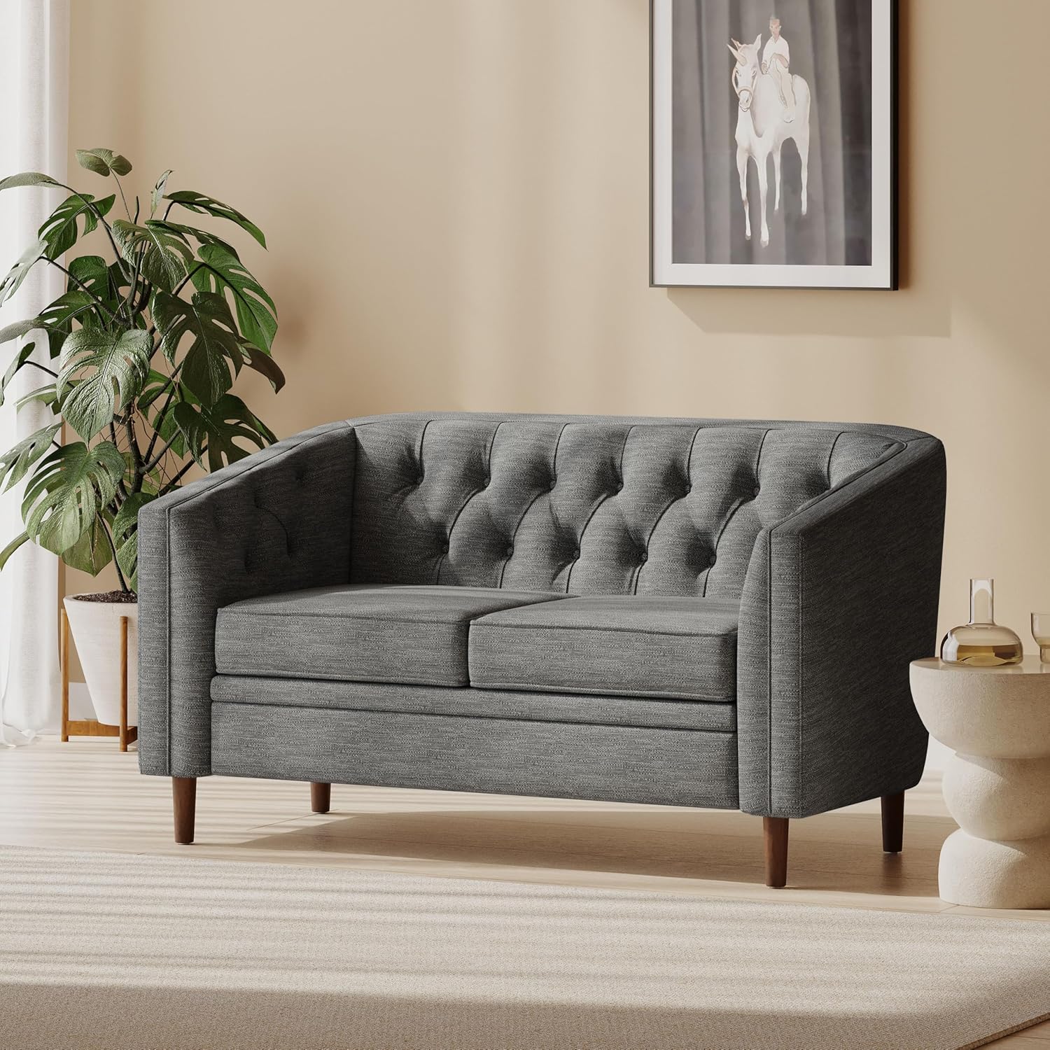 Christopher Knight Home Contemporary Tufted and Diamond Stitching Fabric Loveseat,Tub-Design 2-Seater Sofa, Removable Cushions, Birch Wood Legs, Square Arms, Beige and Espresso