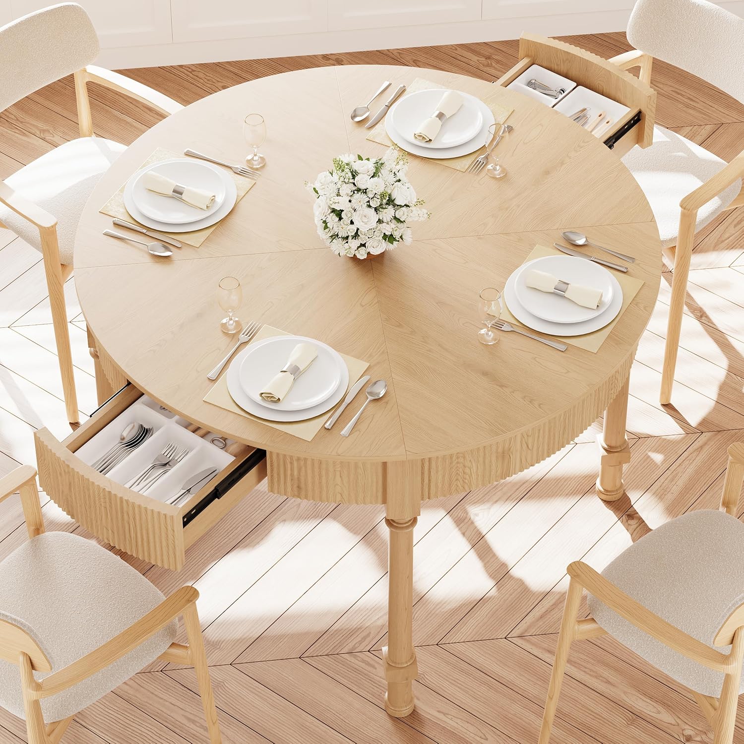 47'' Round Dining Table for 4-6, Modern Farmhouse Fluted Kitchen Table Dinner Table with 2 Storage Drawers, Wooden Circle Dining Tables with Solid Wood Legs for Home Dining Room Living Room, Natural