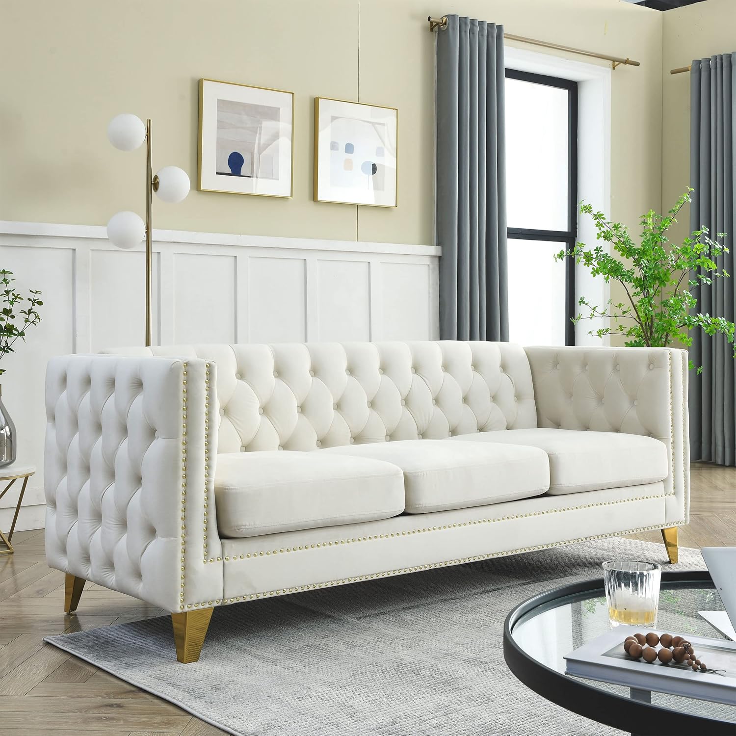 KEIKI Tufted Velvet 3 Seat Sofa Couch for Living Room, Buttons Tufted Square Arm Couch for Home Apartment, Black