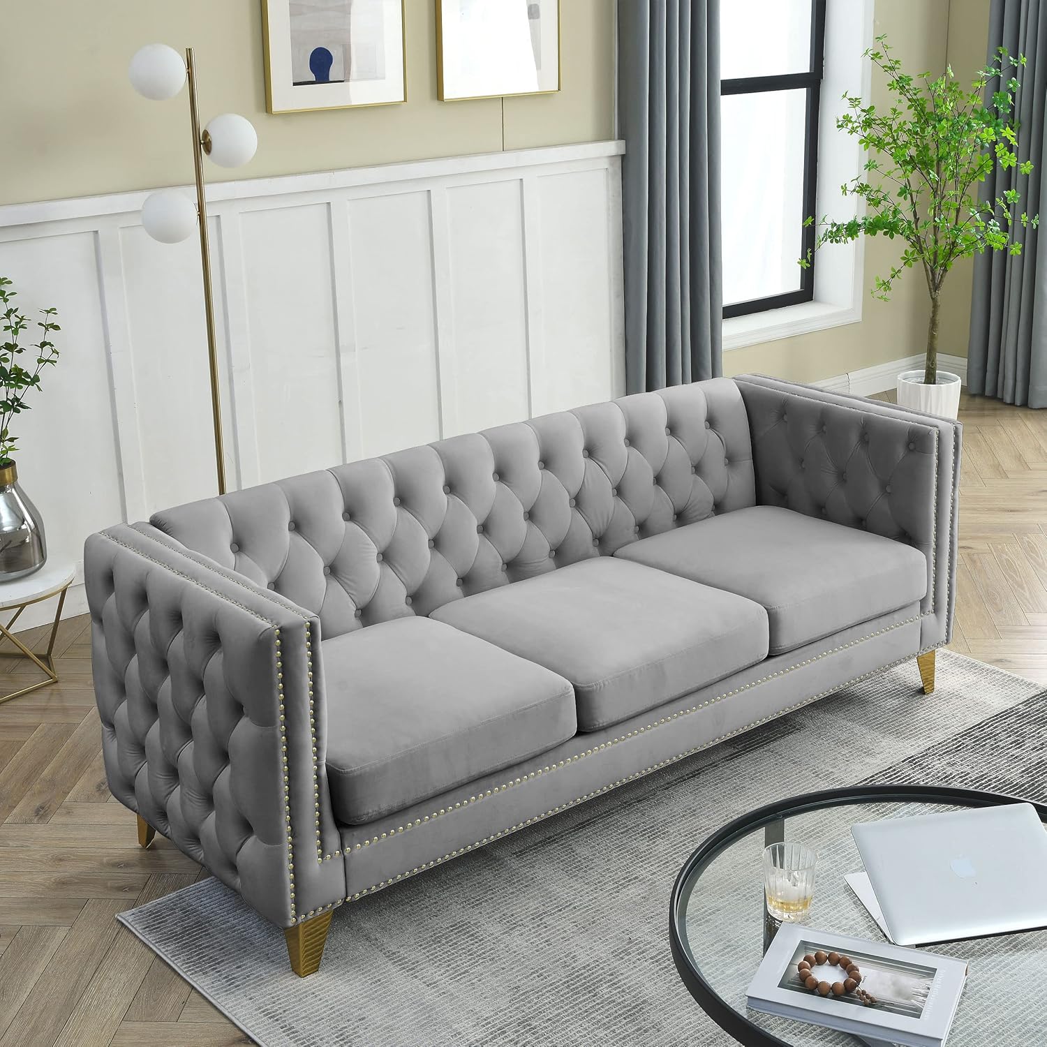 mikibama Velvet 3 Seater Sofa Couch with Buttons and Square Arms 83.07 Inch Tufted 3-seat Sofas with Trimmed Nailhead and Acrylic Legs Modern Couches for Living Room (Navy Blue-Crystal Legs, Sofa)