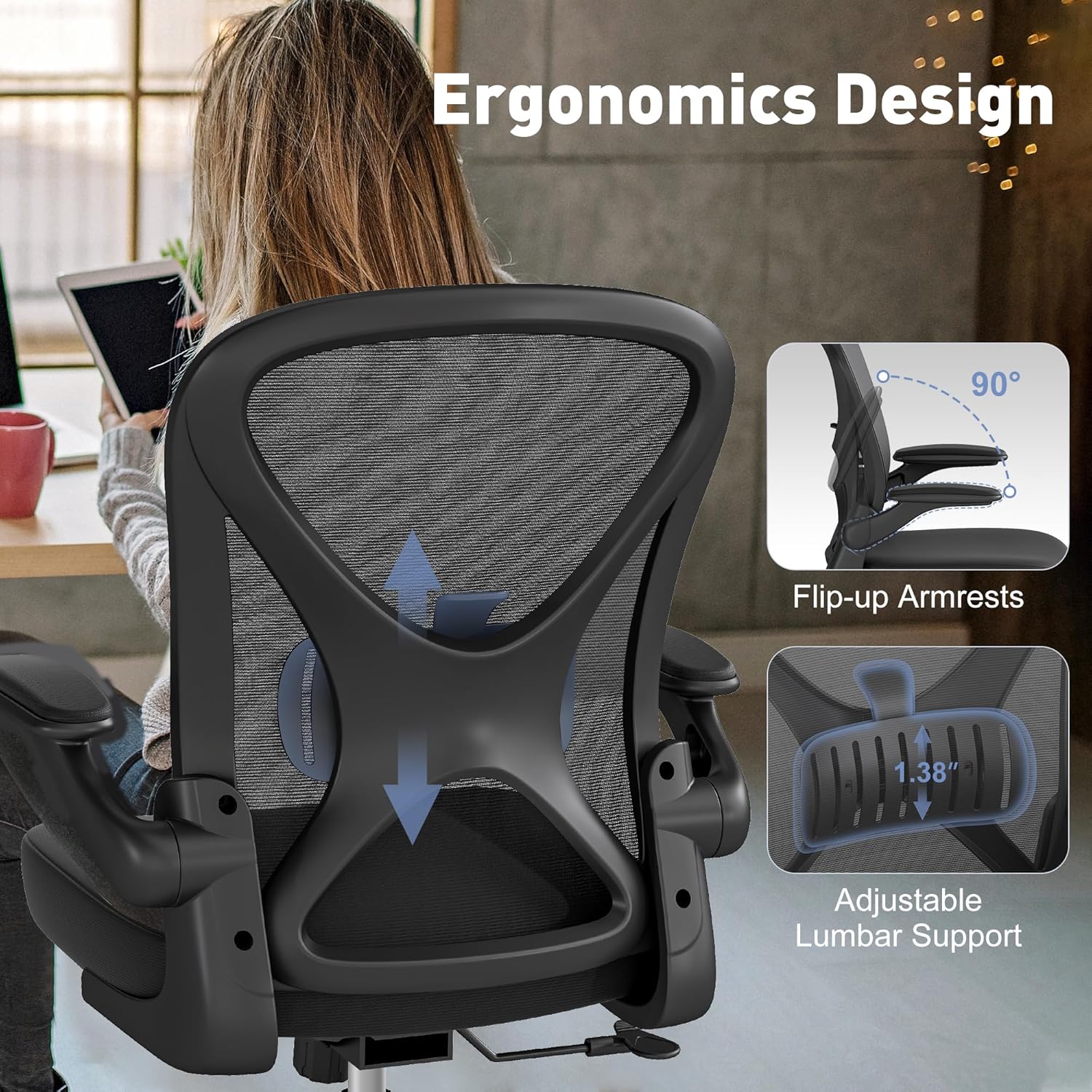 ZZH Ergonomic Office Chair Set of 10 with Adjustable Lumbar Support, Mesh Home Office Desk Chair with Wheels and Flip-up Arms, Black