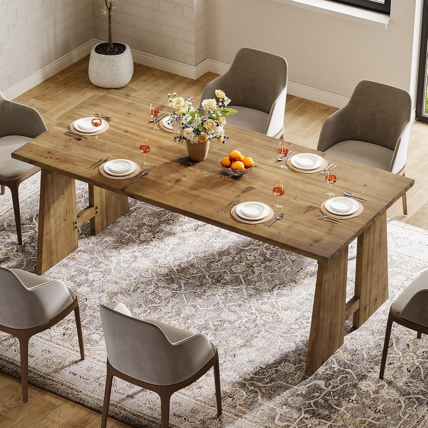70.87" Dining Table with Unique Wood Base, Solid Wood Kitchen Table for 6-8, Modern Rectangle Kitchen and Dining Room Furniture, Brown