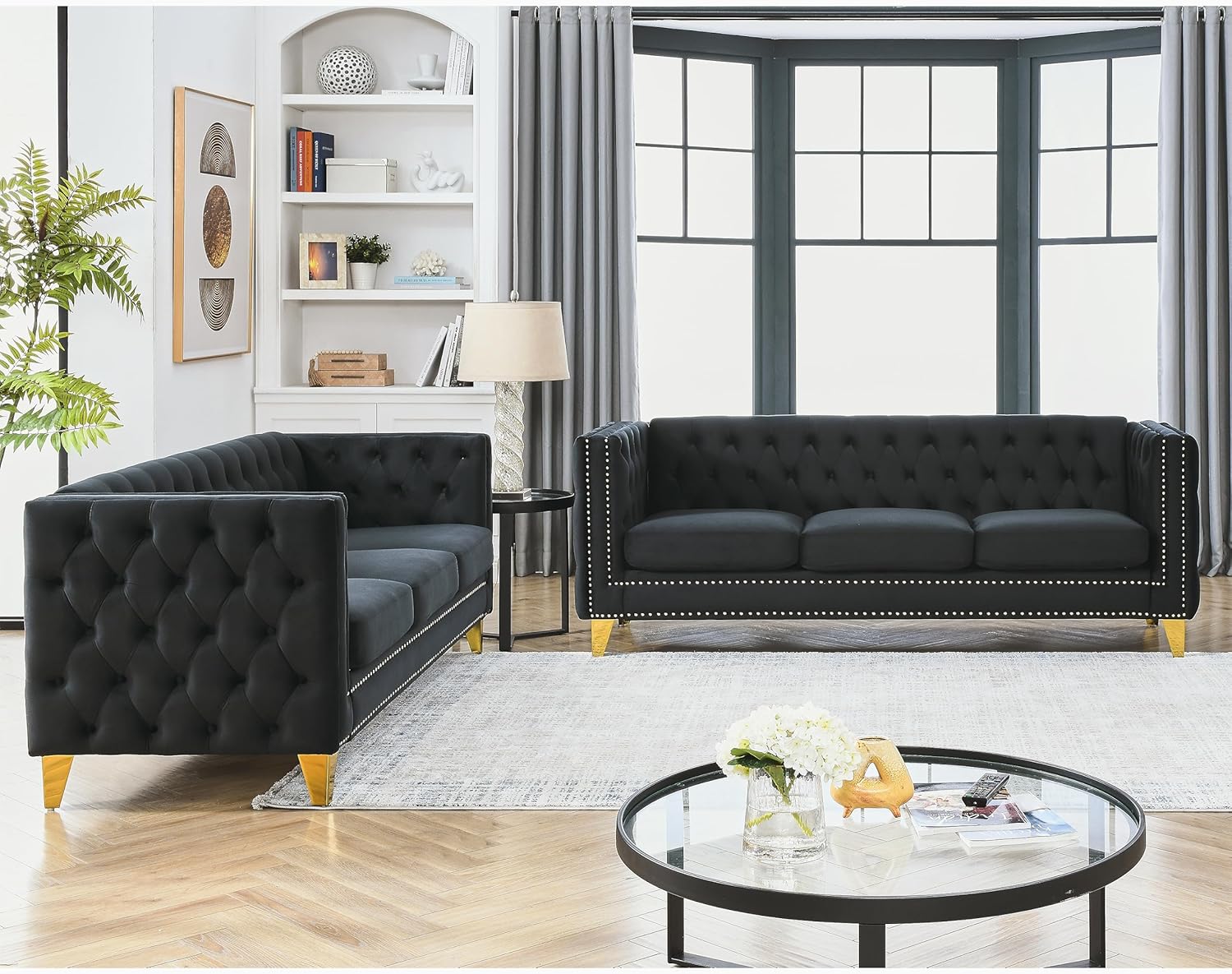 KEIKI Tufted Velvet 3 Seat Sofa Couch for Living Room, Buttons Tufted Square Arm Couch for Home Apartment, Black