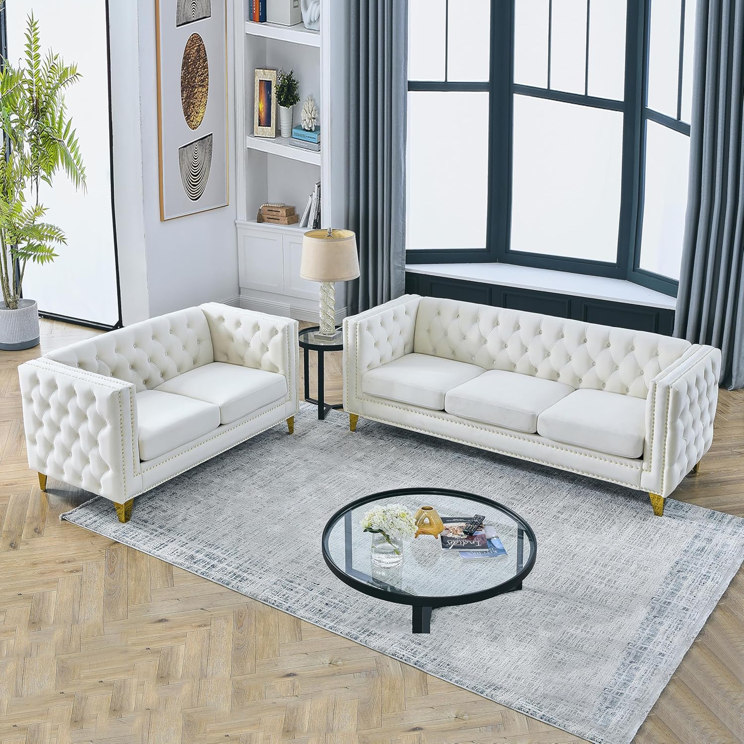 mikibama Velvet 3 Seater Sofa Couch with Buttons and Square Arms 83.07 Inch Tufted 3-seat Sofas with Trimmed Nailhead and Acrylic Legs Modern Couches for Living Room (Navy Blue-Crystal Legs, Sofa)