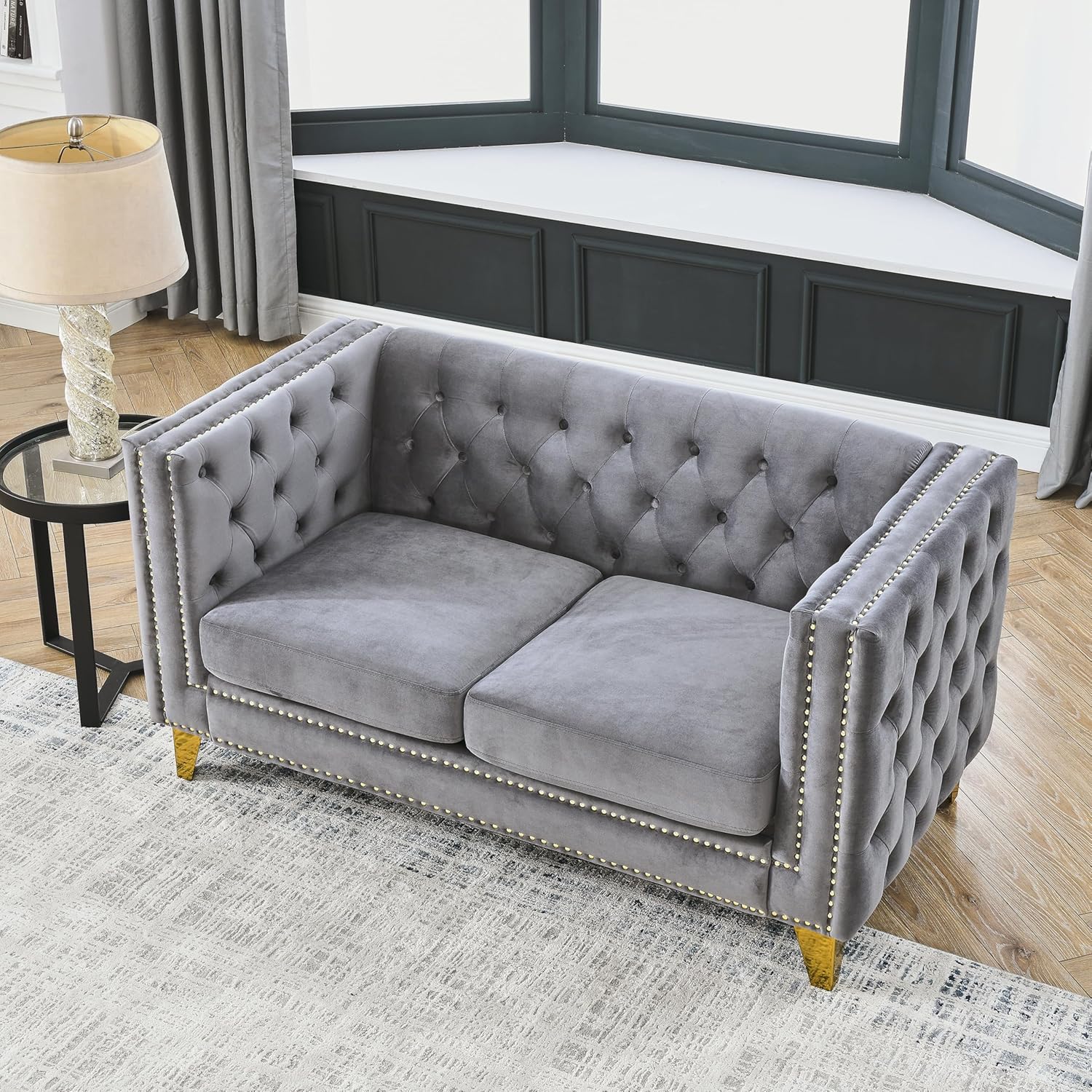 mikibama Velvet 3 Seater Sofa Couch with Buttons and Square Arms 83.07 Inch Tufted 3-seat Sofas with Trimmed Nailhead and Acrylic Legs Modern Couches for Living Room (Navy Blue-Crystal Legs, Sofa)