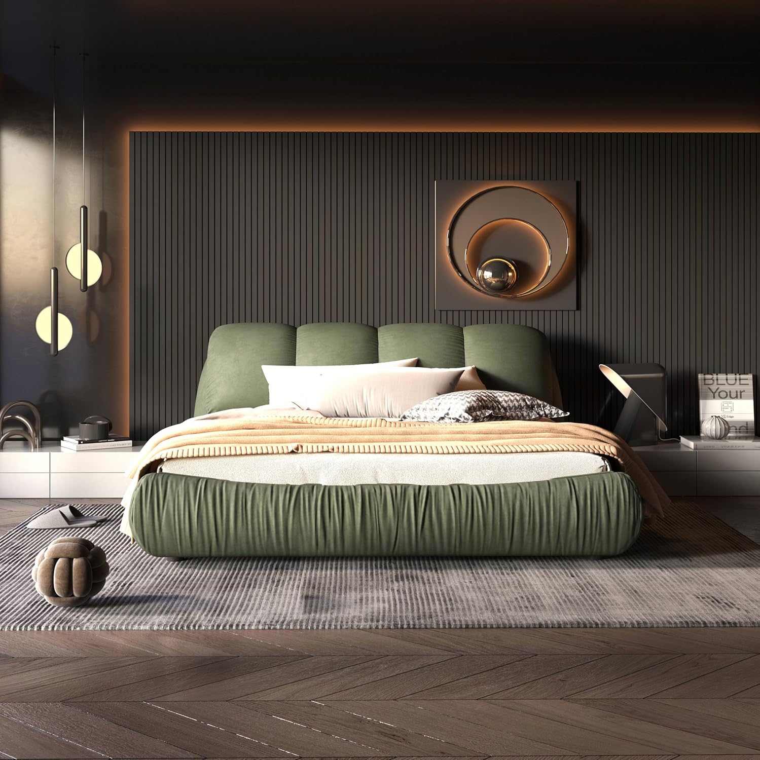 DEINPPA Contemporary Upholstered Bed with Oversized Soft Headboard, King Size Platform Bed |Thickening Pine Wood Slats|No Box Spring Needed|1000 Lbs Weight Capacity-for Adult Master Bedroom-Black