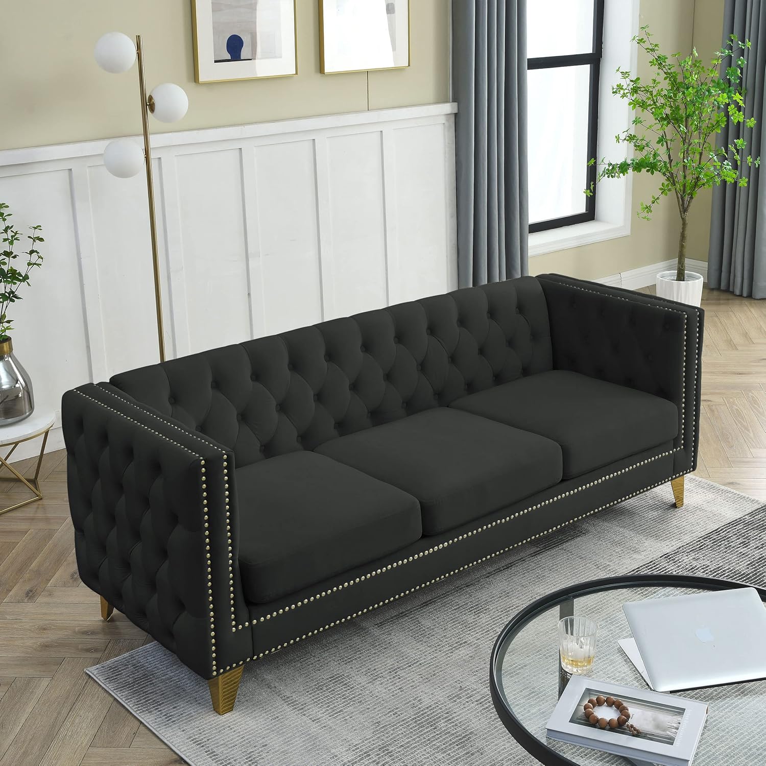 mikibama Velvet 3 Seater Sofa Couch with Buttons and Square Arms 83.07 Inch Tufted 3-seat Sofas with Trimmed Nailhead and Acrylic Legs Modern Couches for Living Room (Navy Blue-Crystal Legs, Sofa)