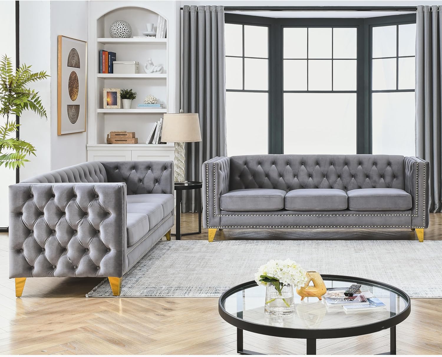 KEIKI Tufted Velvet 3 Seat Sofa Couch for Living Room, Buttons Tufted Square Arm Couch for Home Apartment, Black