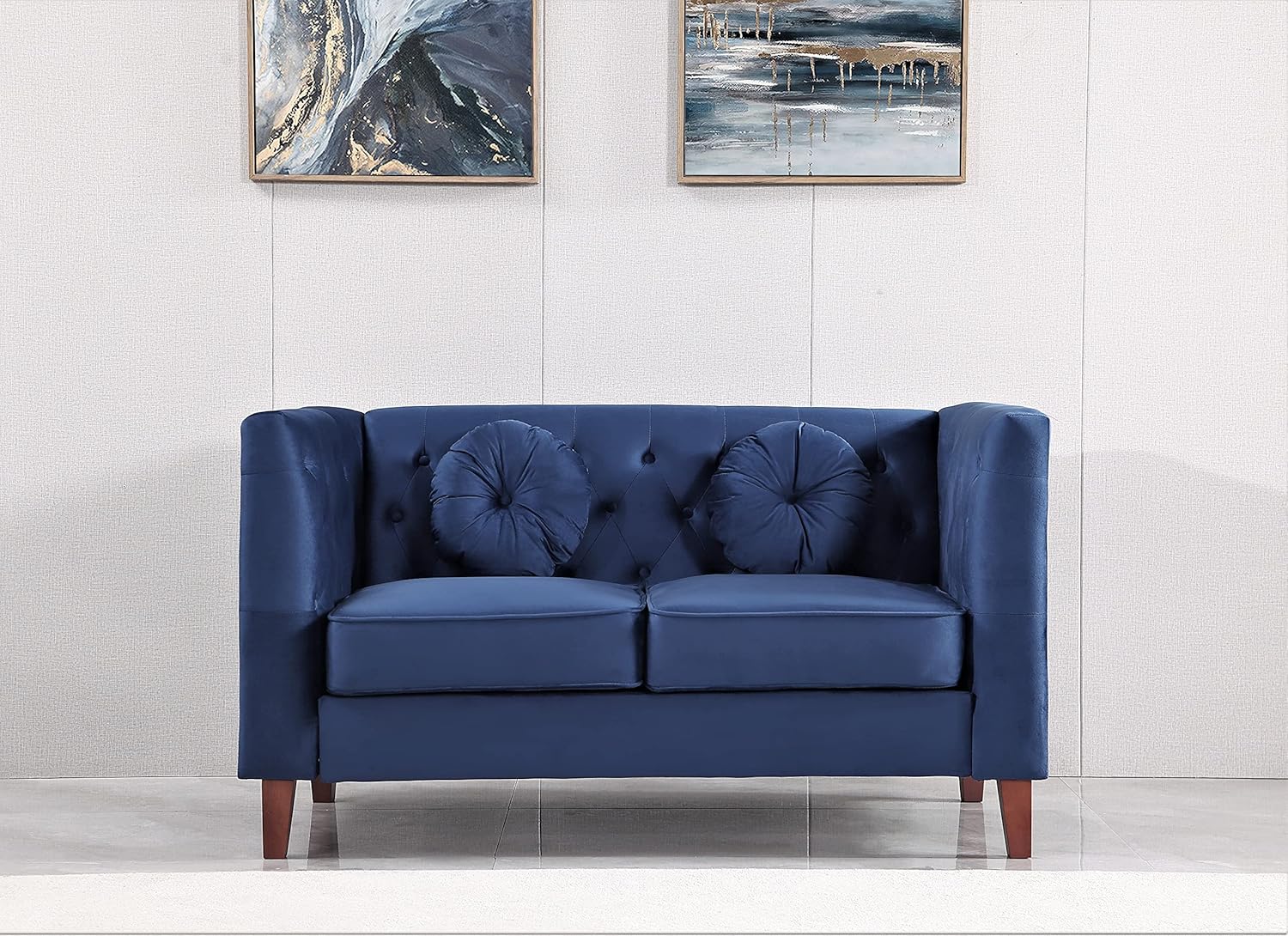 Kittleson Classic Chesterfield Velvet Loveseat Sofa with Elegant Button Tufted Backrest, Square Legs, High-Density Foam & Accent Pillows, 2 Seater Couch for Living Room, Love Seat, Dark Blue