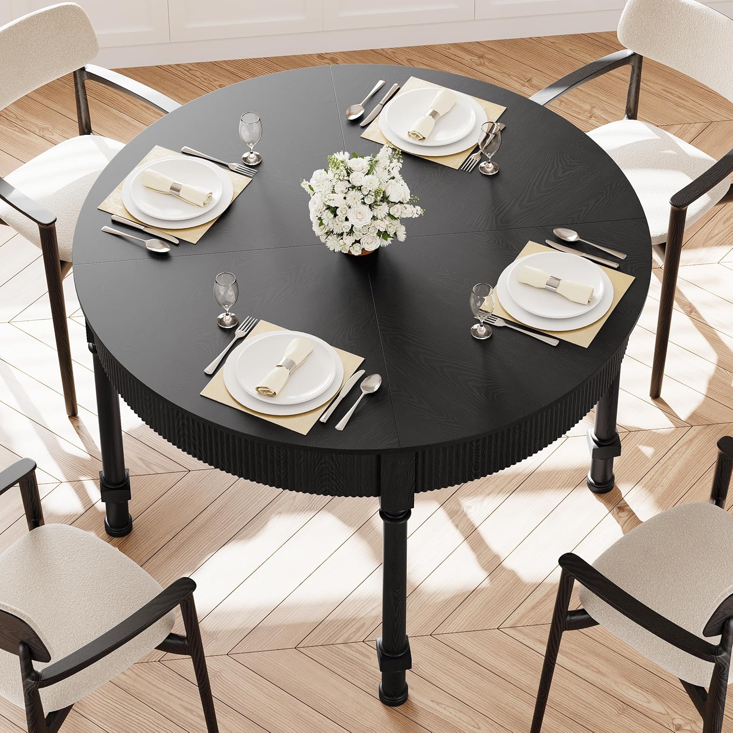 47'' Round Dining Table for 4-6, Modern Farmhouse Fluted Kitchen Table Dinner Table with 2 Storage Drawers, Wooden Circle Dining Tables with Solid Wood Legs for Home Dining Room Living Room, Natural