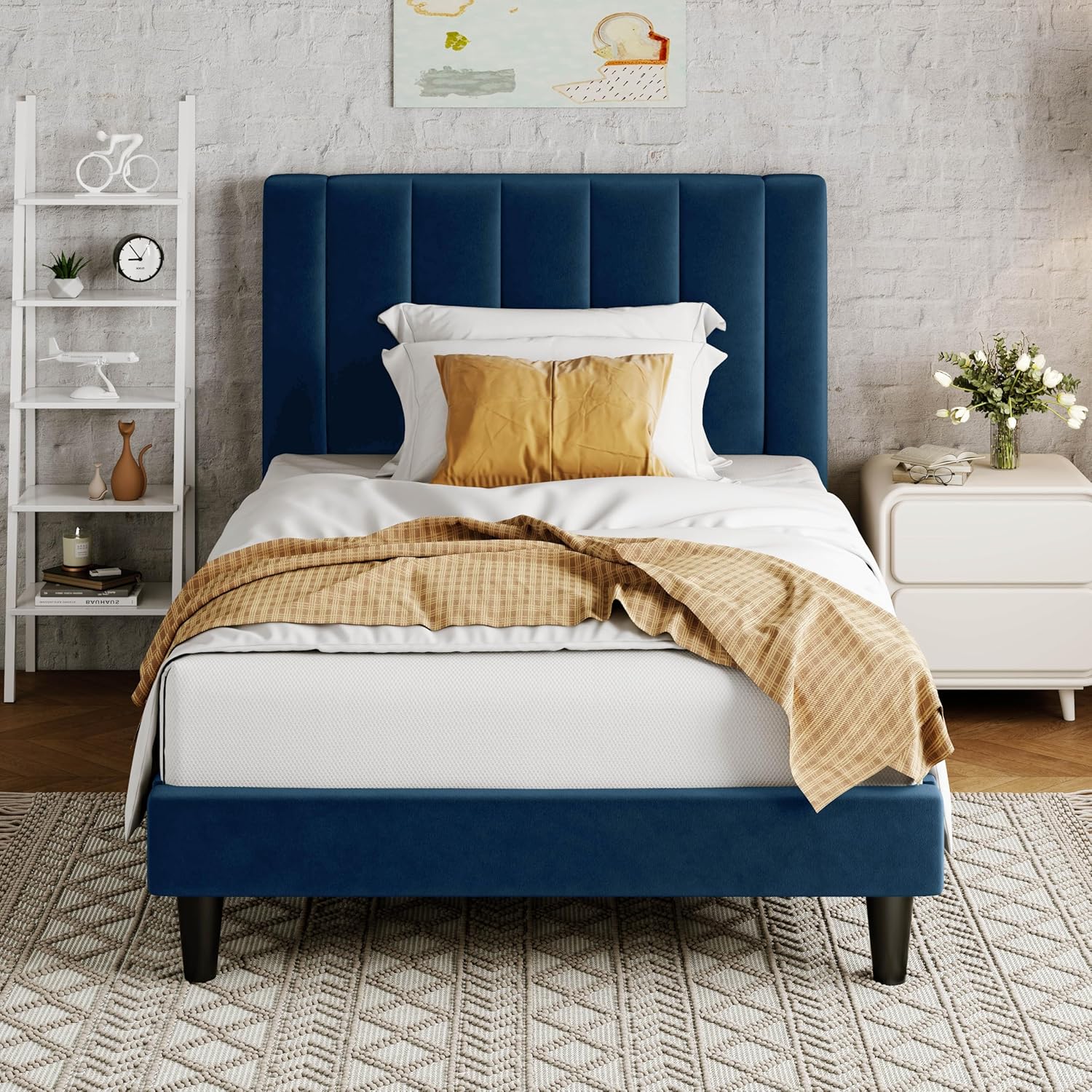 Allewie Queen Bed Frame/Velvet Upholstered Bed Frame with Vertical Channel Tufted Headboard/Strong Wooden Slats/Platform Bed Frame/Mattress Foundation/Box Spring Optional/Easy Assembly/White