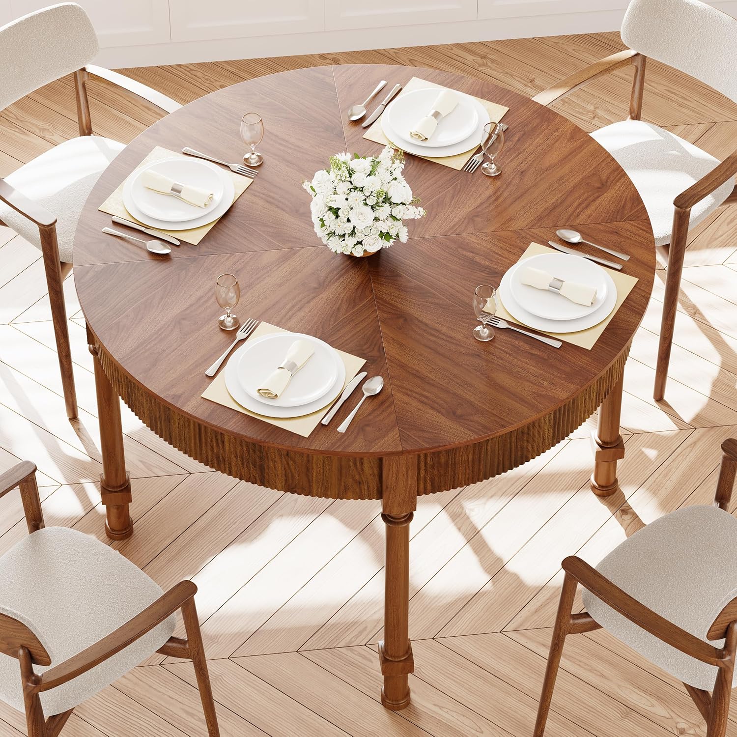 47'' Round Dining Table for 4-6, Modern Farmhouse Fluted Kitchen Table Dinner Table with 2 Storage Drawers, Wooden Circle Dining Tables with Solid Wood Legs for Home Dining Room Living Room, Natural