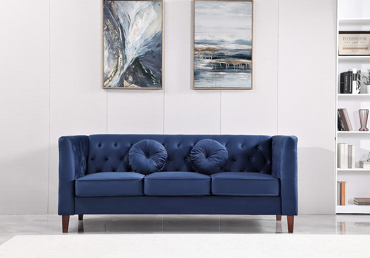 Kittleson Classic Chesterfield Velvet Loveseat Sofa with Elegant Button Tufted Backrest, Square Legs, High-Density Foam & Accent Pillows, 2 Seater Couch for Living Room, Love Seat, Dark Blue