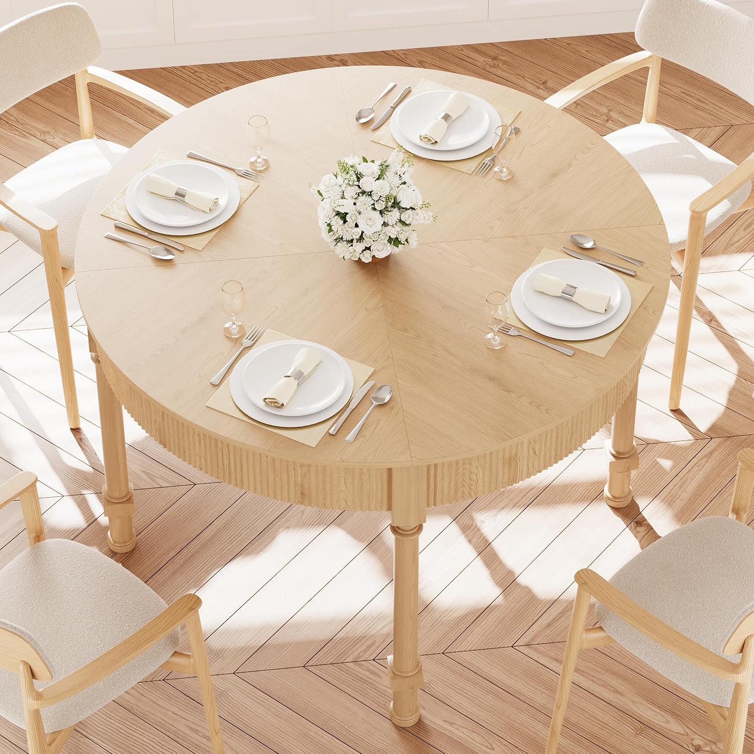 47'' Round Dining Table for 4-6, Modern Farmhouse Fluted Kitchen Table Dinner Table with 2 Storage Drawers, Wooden Circle Dining Tables with Solid Wood Legs for Home Dining Room Living Room, Natural