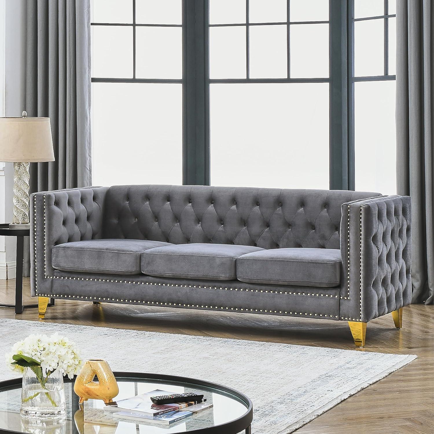 KEIKI Tufted Velvet 3 Seat Sofa Couch for Living Room, Buttons Tufted Square Arm Couch for Home Apartment, Black