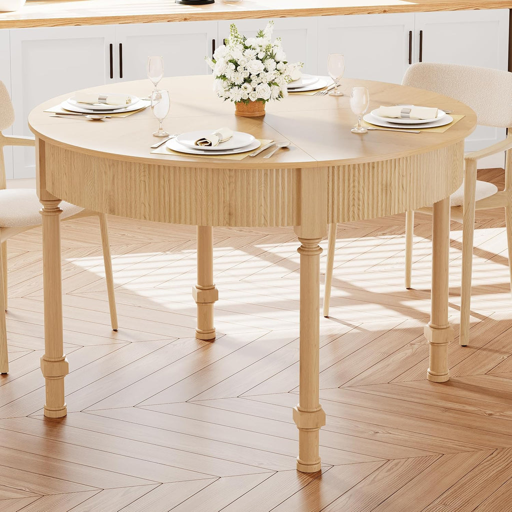 47'' Round Dining Table for 4-6, Modern Farmhouse Fluted Kitchen Table Dinner Table with 2 Storage Drawers, Wooden Circle Dining Tables with Solid Wood Legs for Home Dining Room Living Room, Natural