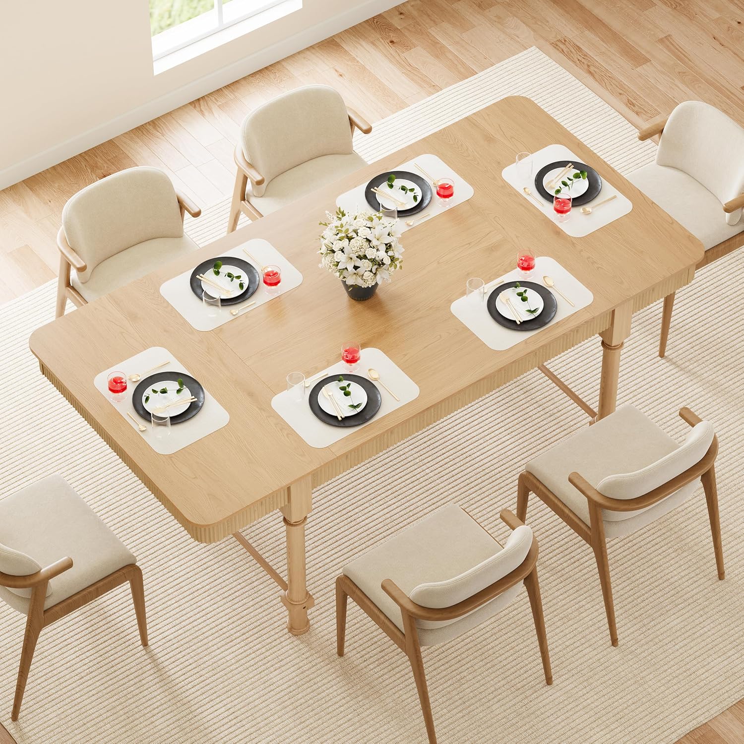 47'' Round Dining Table for 4-6, Modern Farmhouse Fluted Kitchen Table Dinner Table with 2 Storage Drawers, Wooden Circle Dining Tables with Solid Wood Legs for Home Dining Room Living Room, Natural