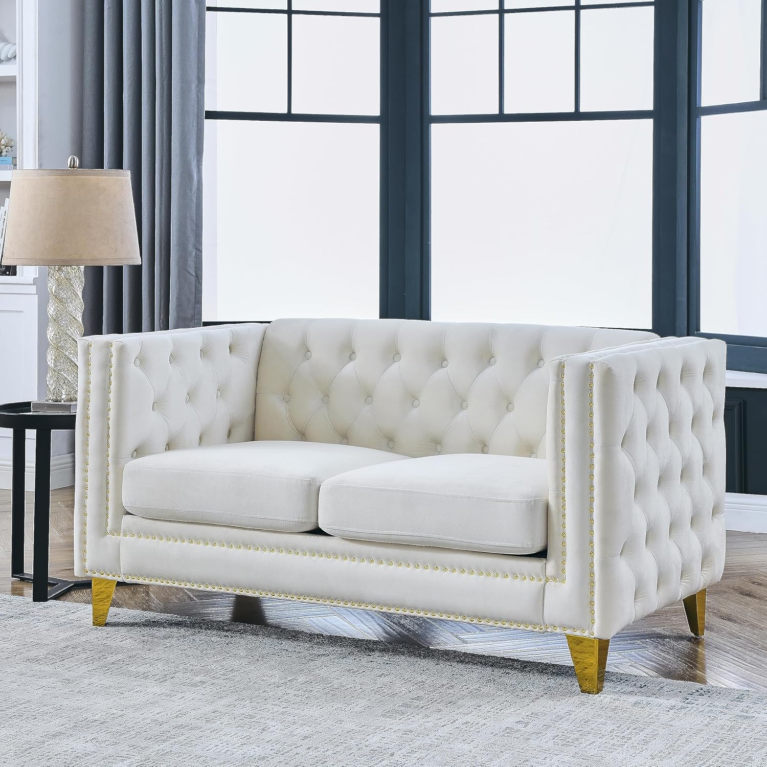 KEIKI Tufted Velvet 3 Seat Sofa Couch for Living Room, Buttons Tufted Square Arm Couch for Home Apartment, Black