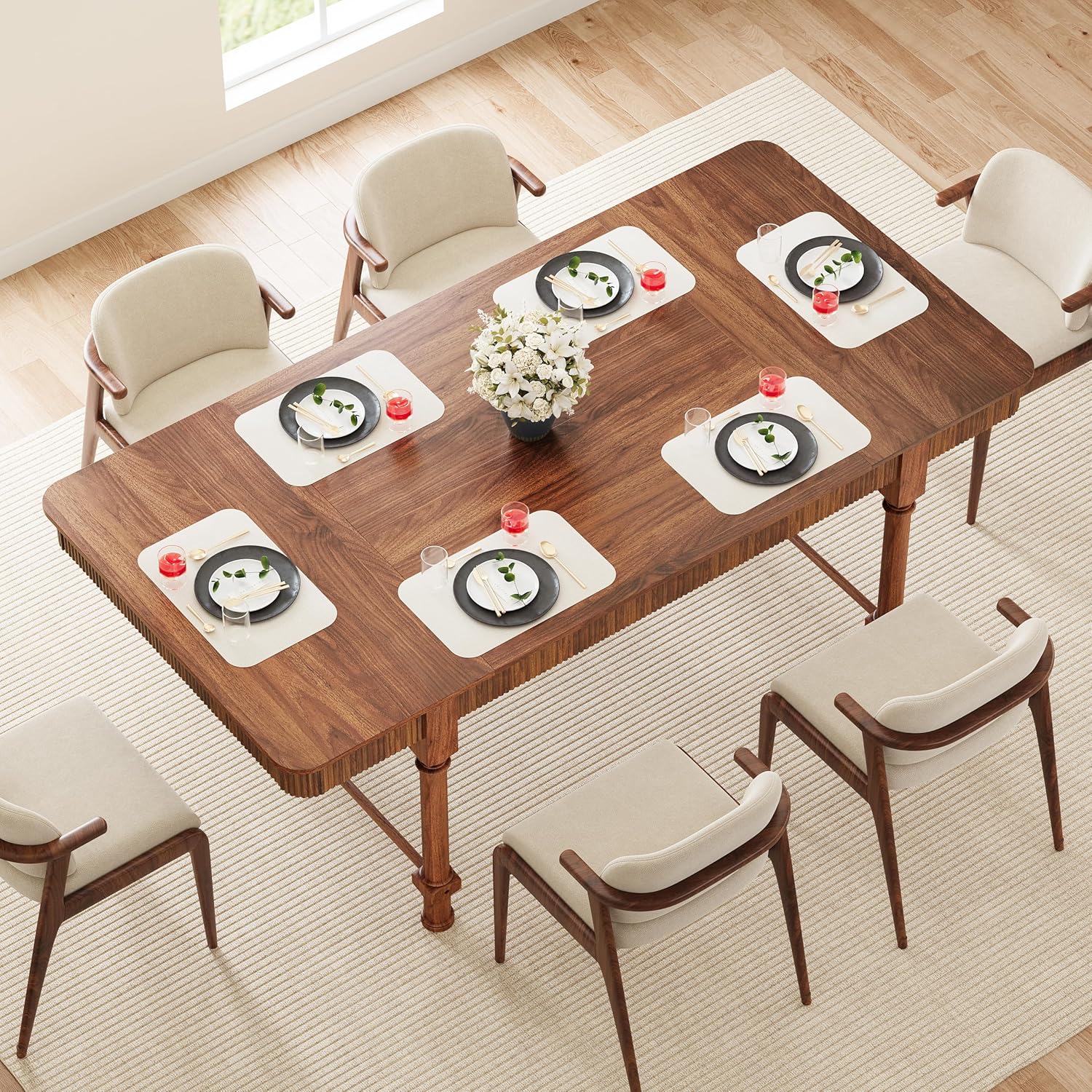 47'' Round Dining Table for 4-6, Modern Farmhouse Fluted Kitchen Table Dinner Table with 2 Storage Drawers, Wooden Circle Dining Tables with Solid Wood Legs for Home Dining Room Living Room, Natural