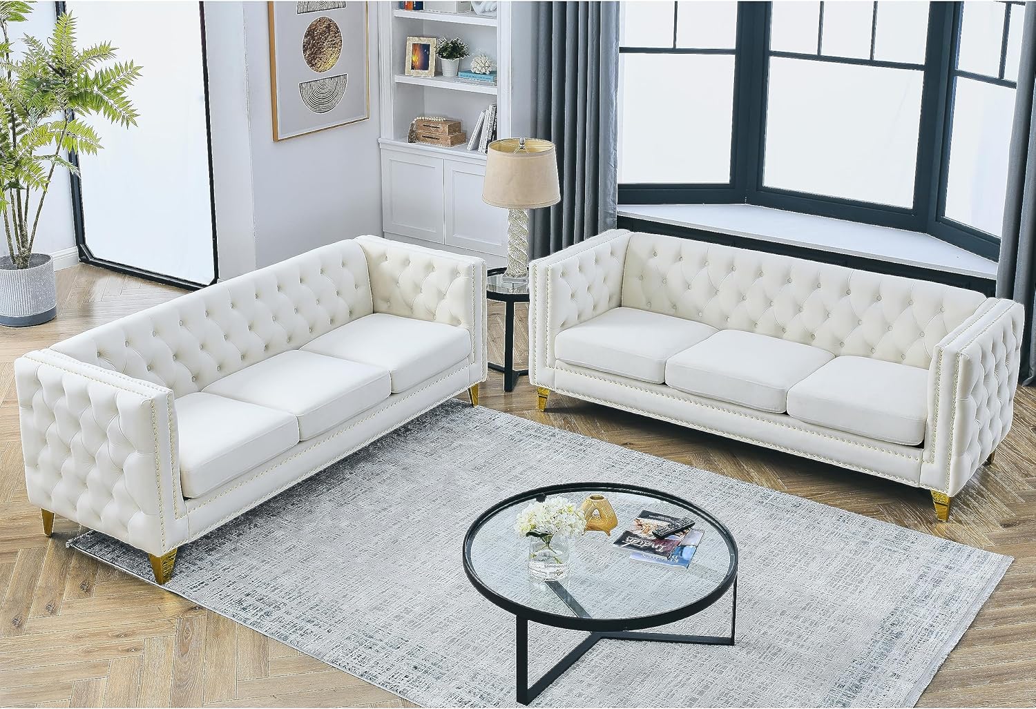 KEIKI Tufted Velvet 3 Seat Sofa Couch for Living Room, Buttons Tufted Square Arm Couch for Home Apartment, Black