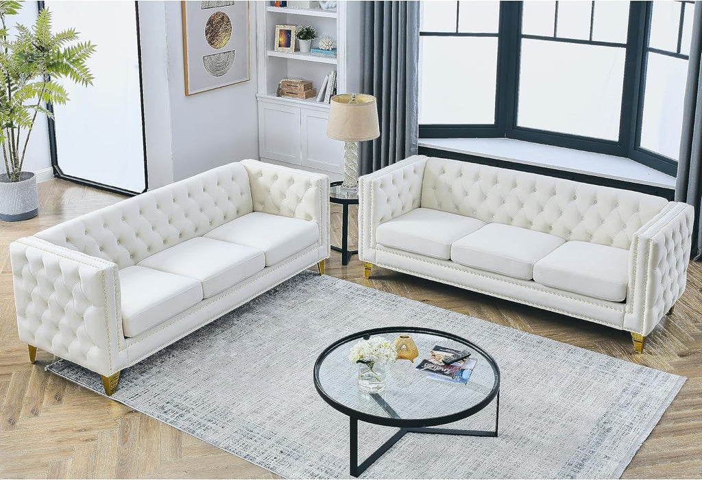 mikibama Velvet 3 Seater Sofa Couch with Buttons and Square Arms 83.07 Inch Tufted 3-seat Sofas with Trimmed Nailhead and Acrylic Legs Modern Couches for Living Room (Navy Blue-Crystal Legs, Sofa)